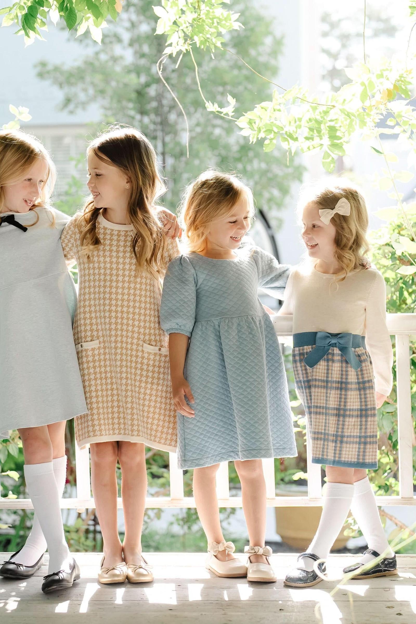 Organic Cotton Quilted Puff Sleeve Dress, Dusty Blue, Toddler & Kids