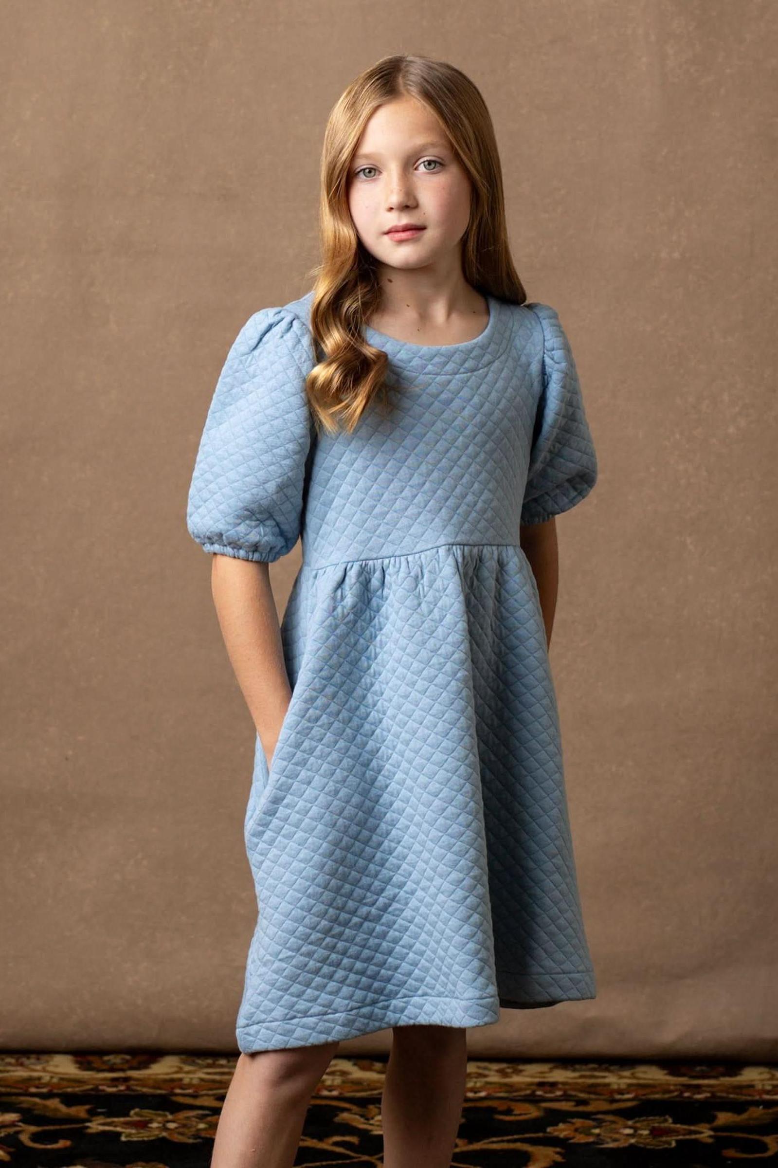 Organic Cotton Quilted Puff Sleeve Dress, Dusty Blue, Toddler & Kids