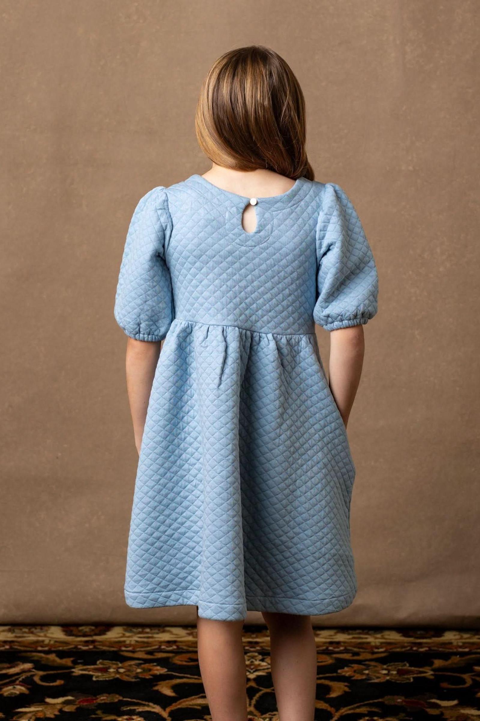 Organic Cotton Quilted Puff Sleeve Dress, Dusty Blue, Toddler & Kids