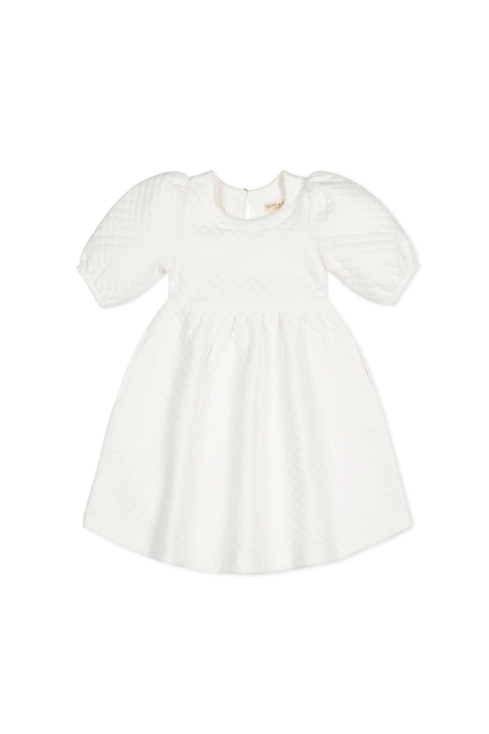 Organic Cotton Quilted Puff Sleeve Dress, Soft White, Toddler & Kids