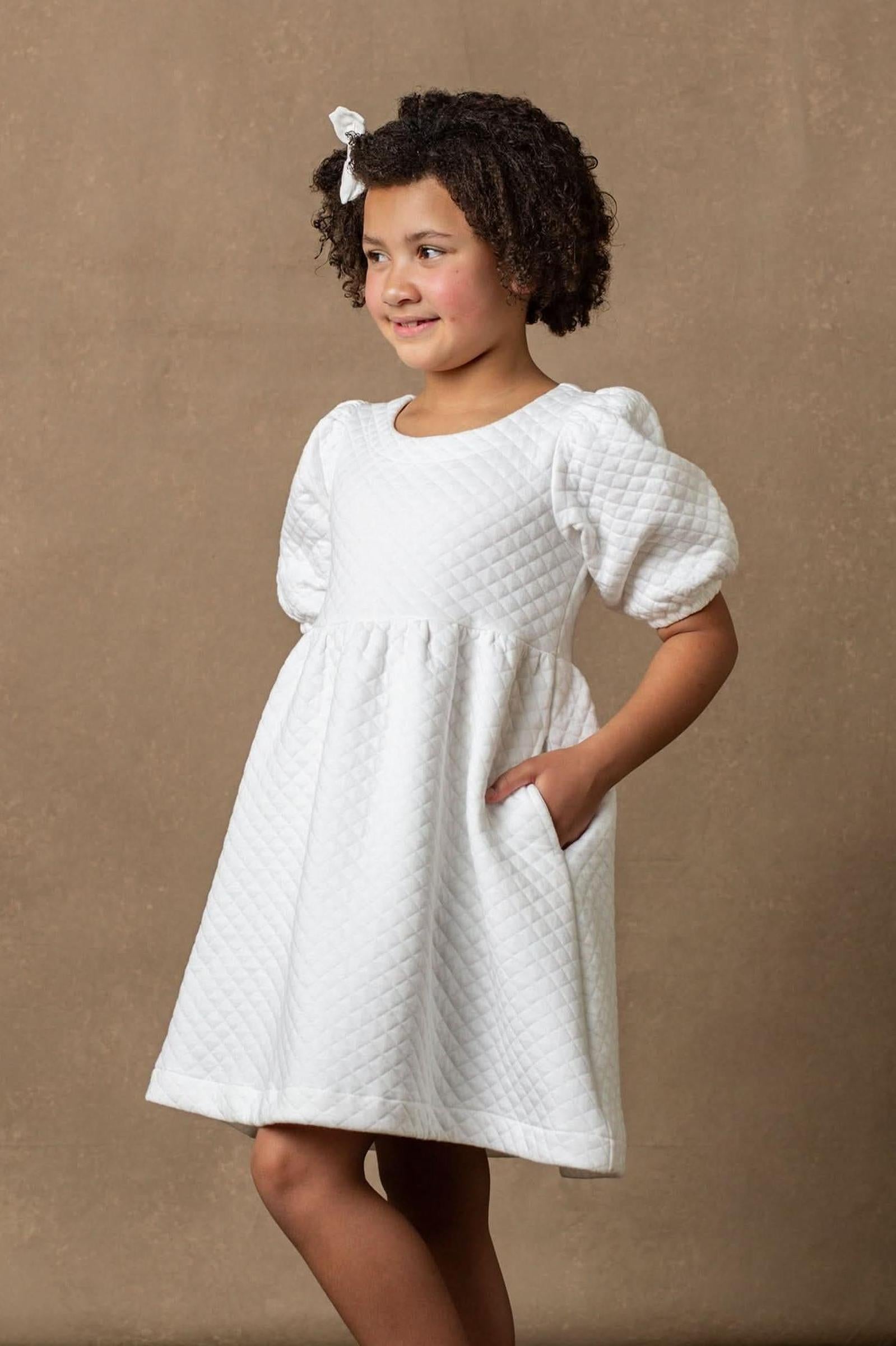 Organic Cotton Quilted Puff Sleeve Dress, Soft White, Toddler & Kids