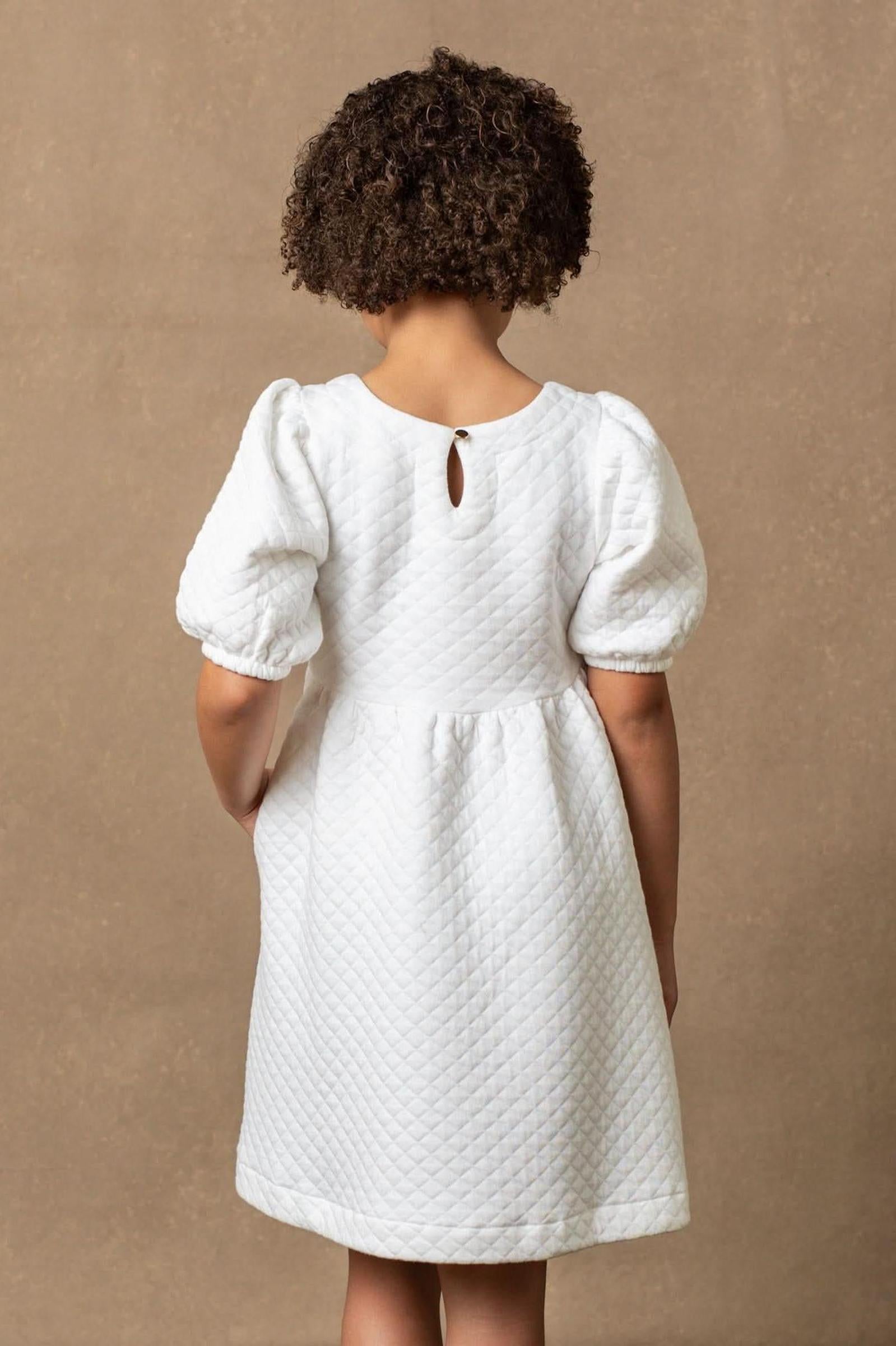 Organic Cotton Quilted Puff Sleeve Dress, Soft White, Toddler & Kids