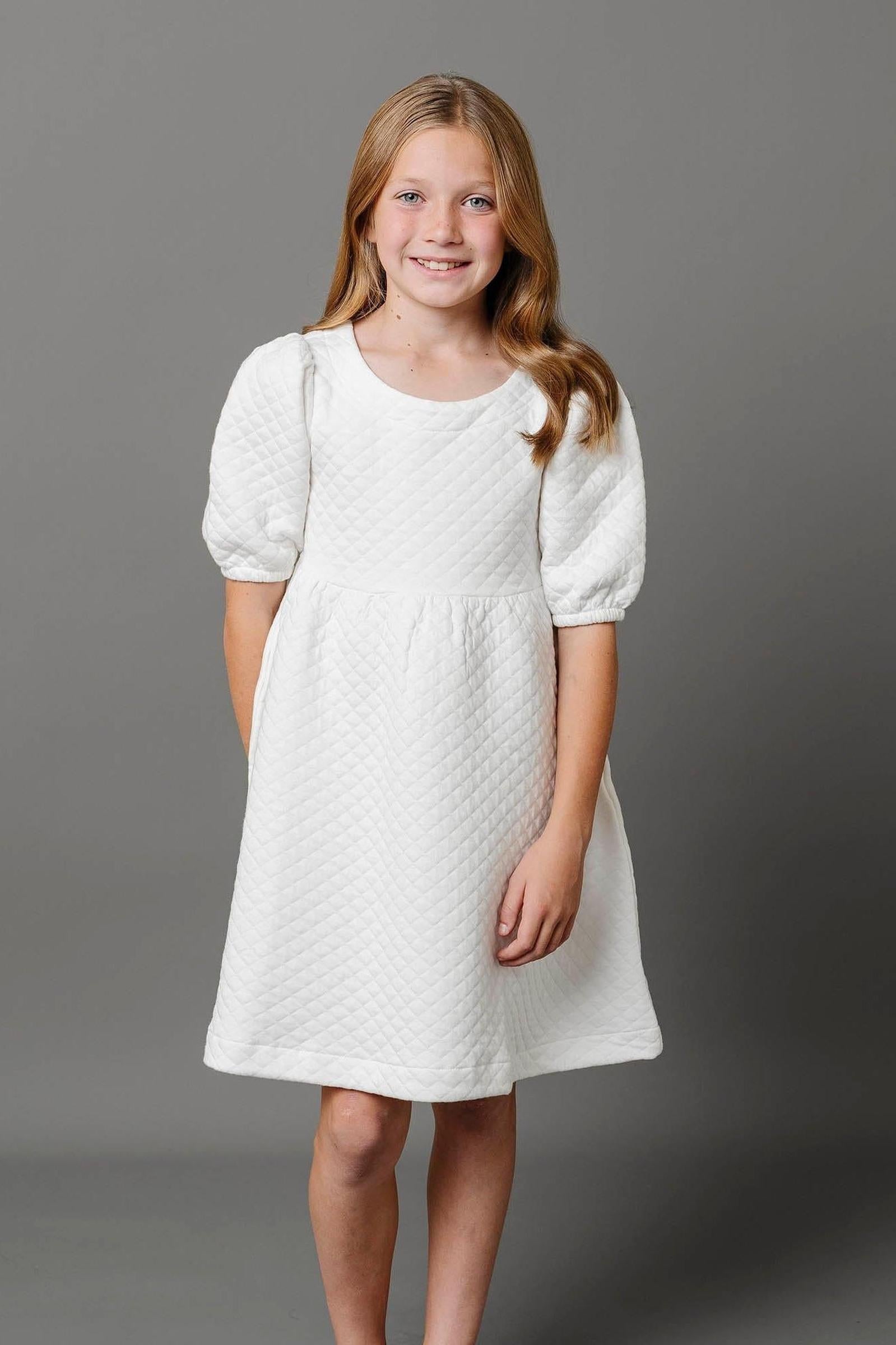 Organic Cotton Quilted Puff Sleeve Dress, Soft White, Toddler & Kids