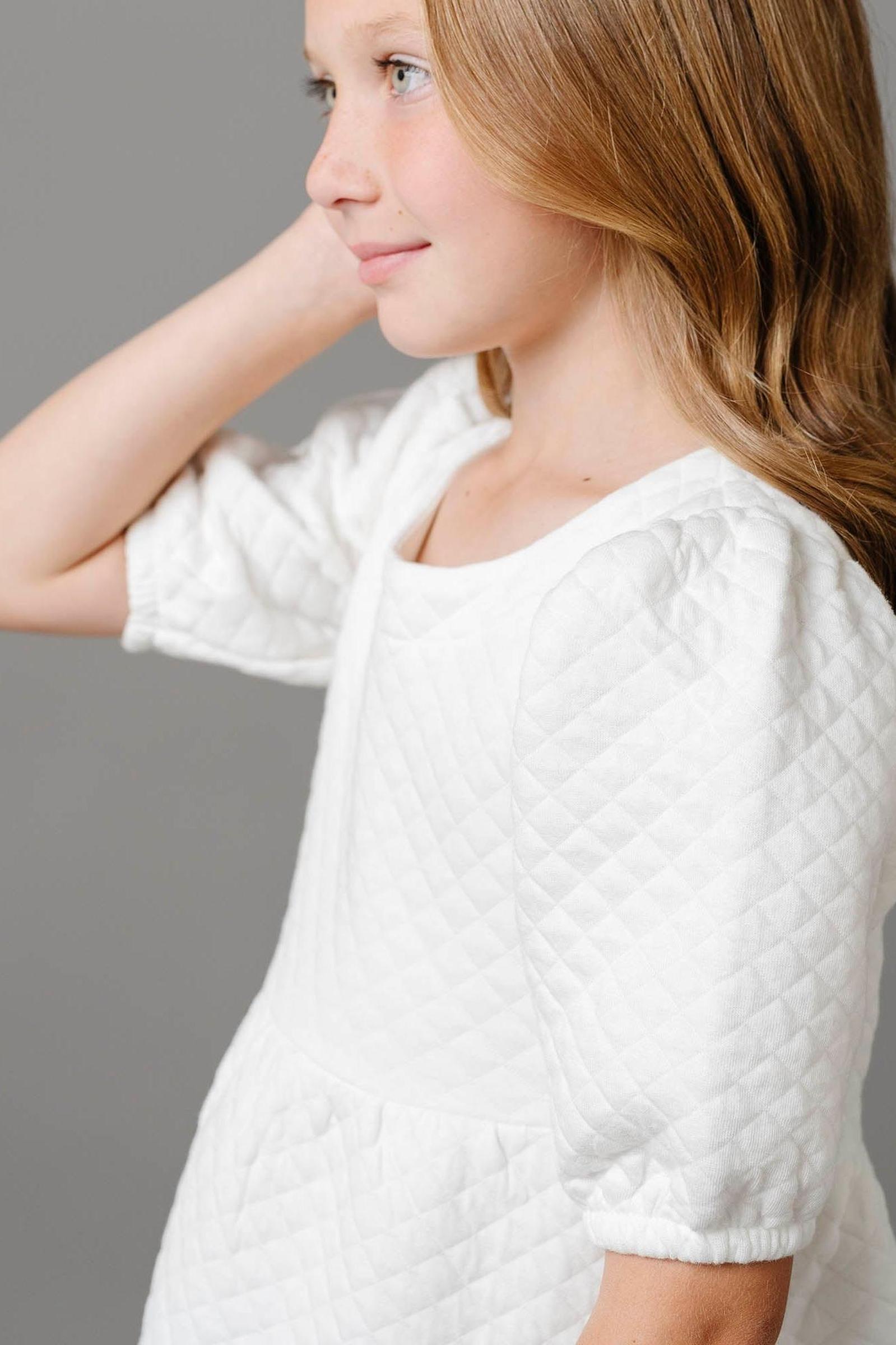 Organic Cotton Quilted Puff Sleeve Dress, Soft White, Toddler & Kids