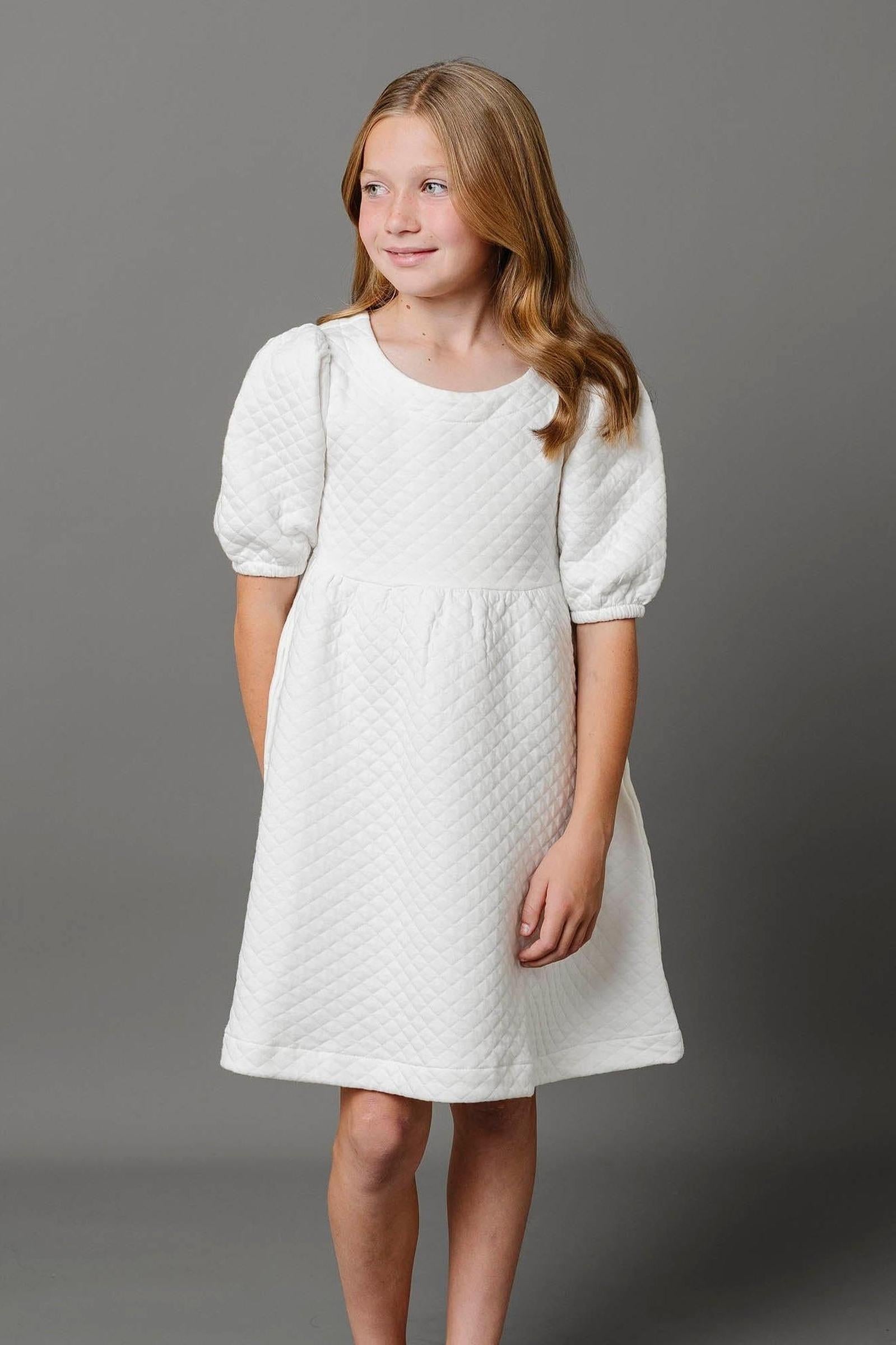 Organic Cotton Quilted Puff Sleeve Dress, Soft White, Toddler & Kids