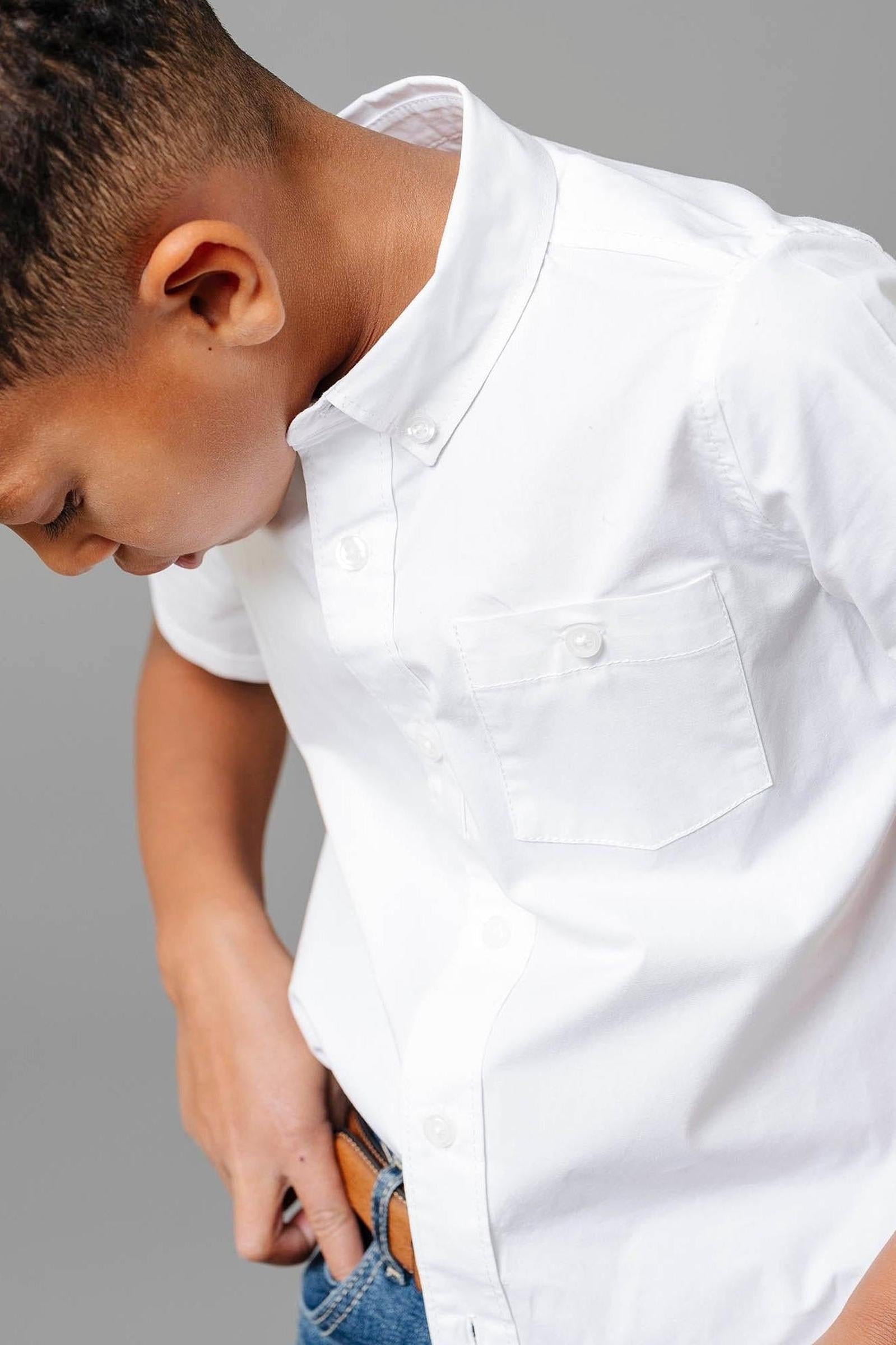 Organic Cotton Stretch Poplin Short Sleeve Shirt for Boys, White, Toddler & Kids