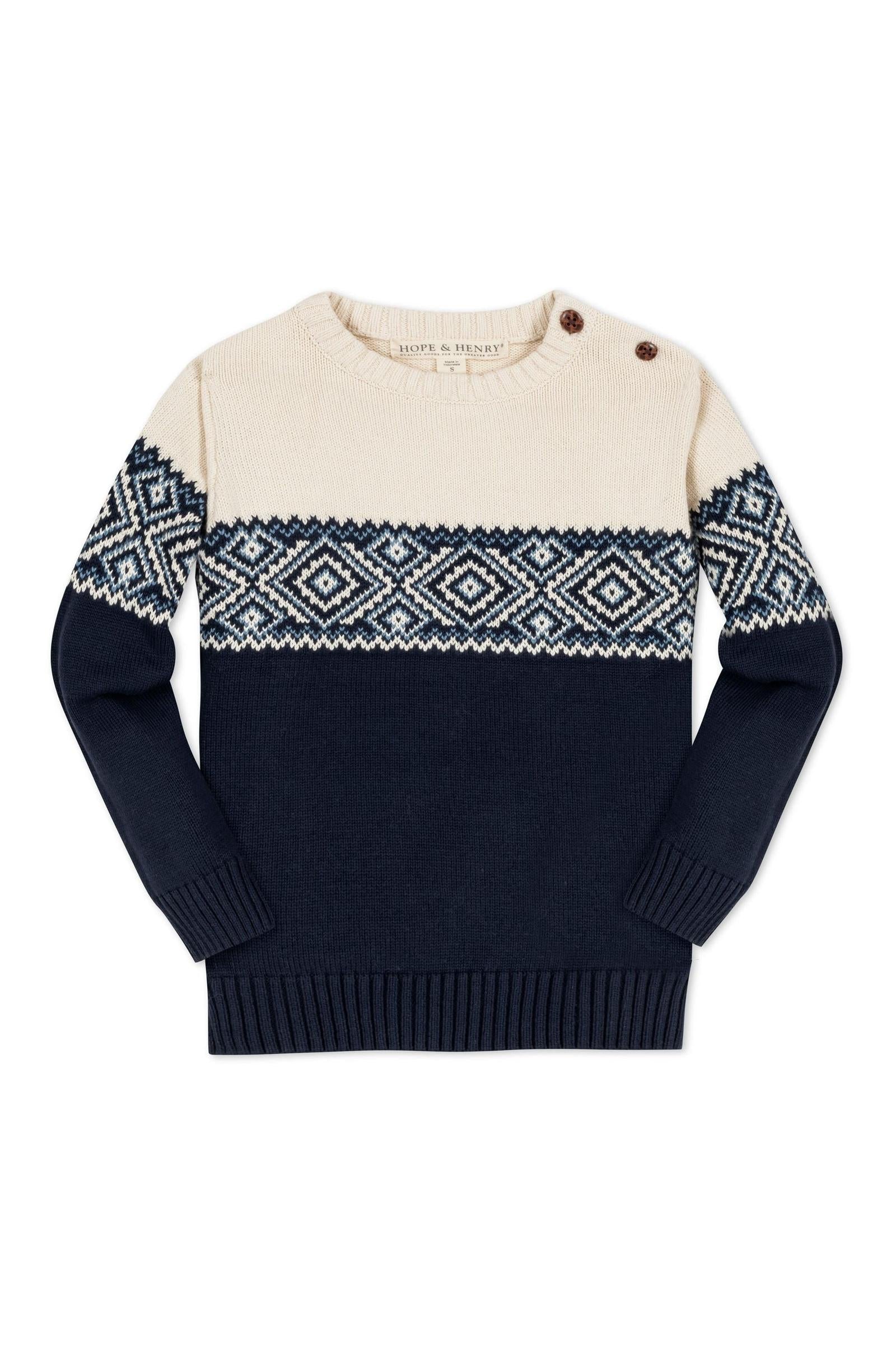 Organic Cotton Crew Neck Sweater for Boys, Cream and Navy Fair Isle Pattern with Shoulder Buttons, Baby
