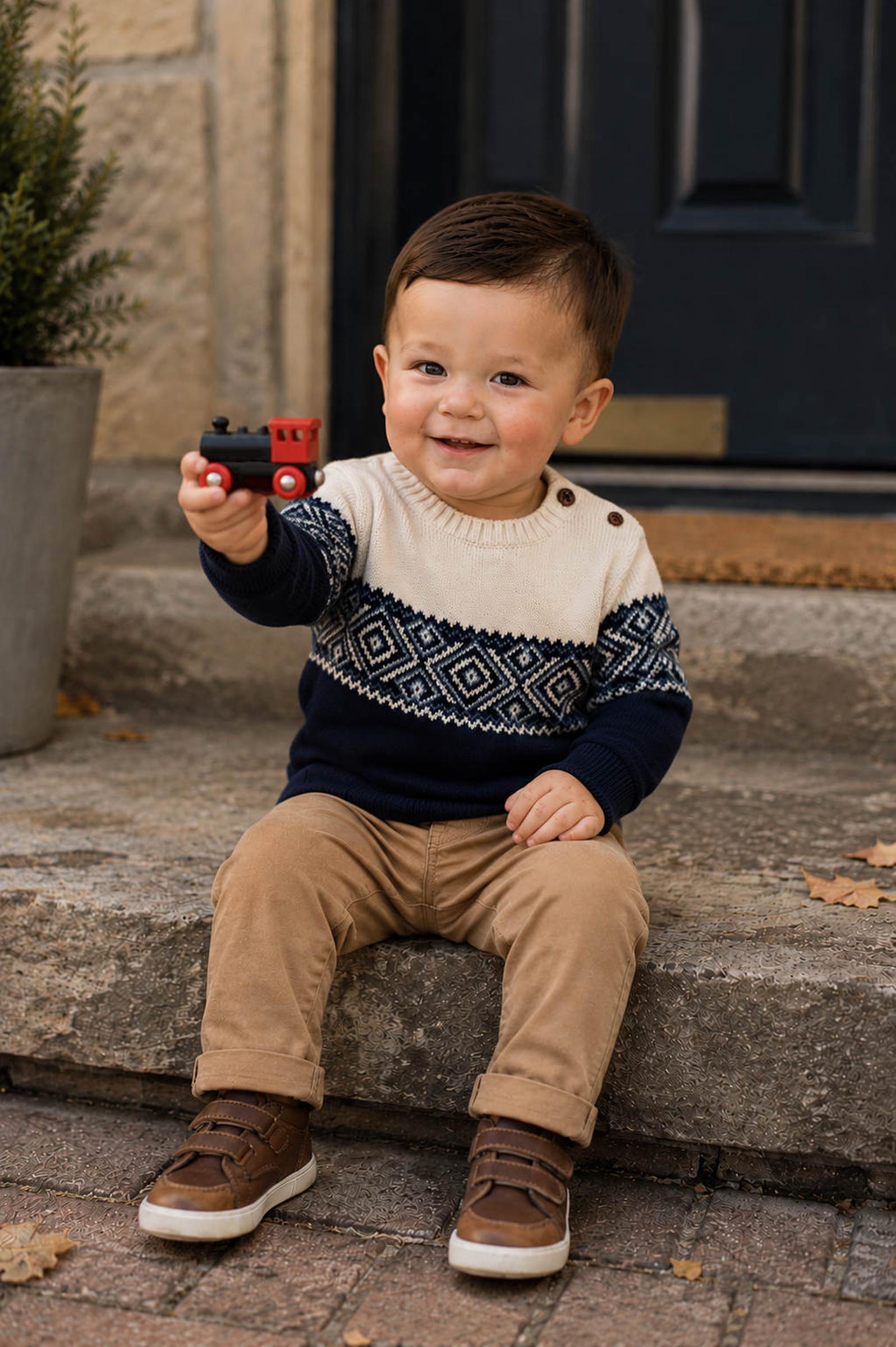 Organic Cotton Crew Neck Sweater for Boys, Cream and Navy Fair Isle Pattern with Shoulder Buttons, Baby
