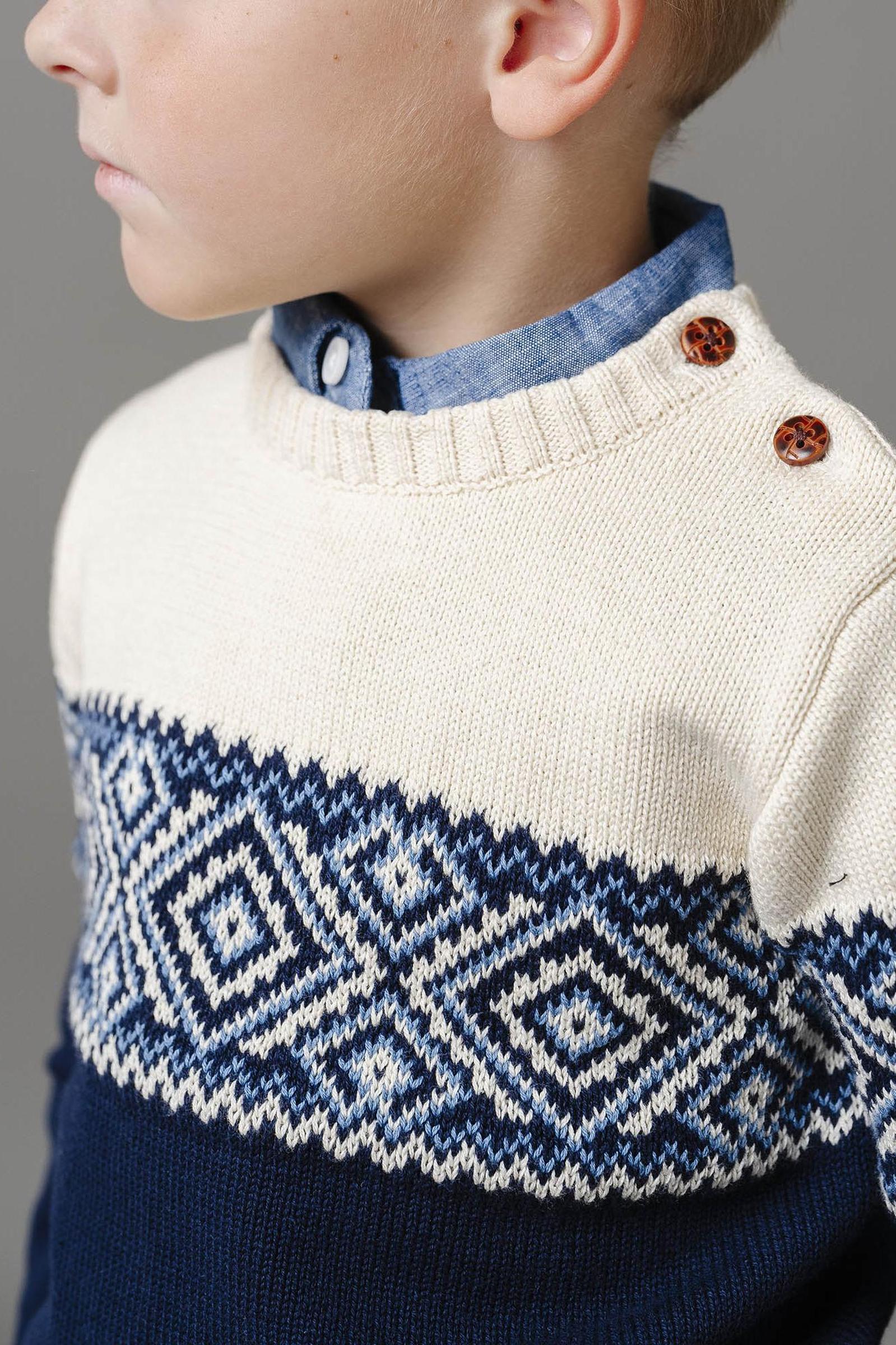 Organic Cotton Crew Neck Sweater for Boys, Cream and Navy Fair Isle Pattern with Shoulder Buttons, Baby
