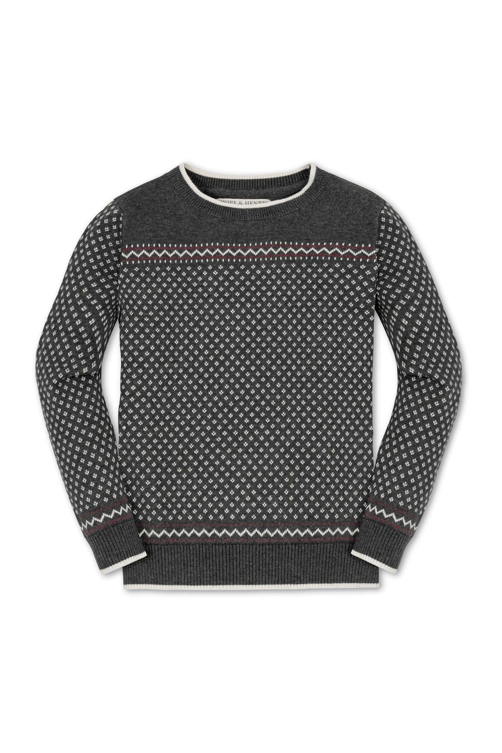 Organic Cotton Crew Neck Sweater for Boys, Charcoal Heather with Ivory Birdseye Pattern, Toddler & Kids