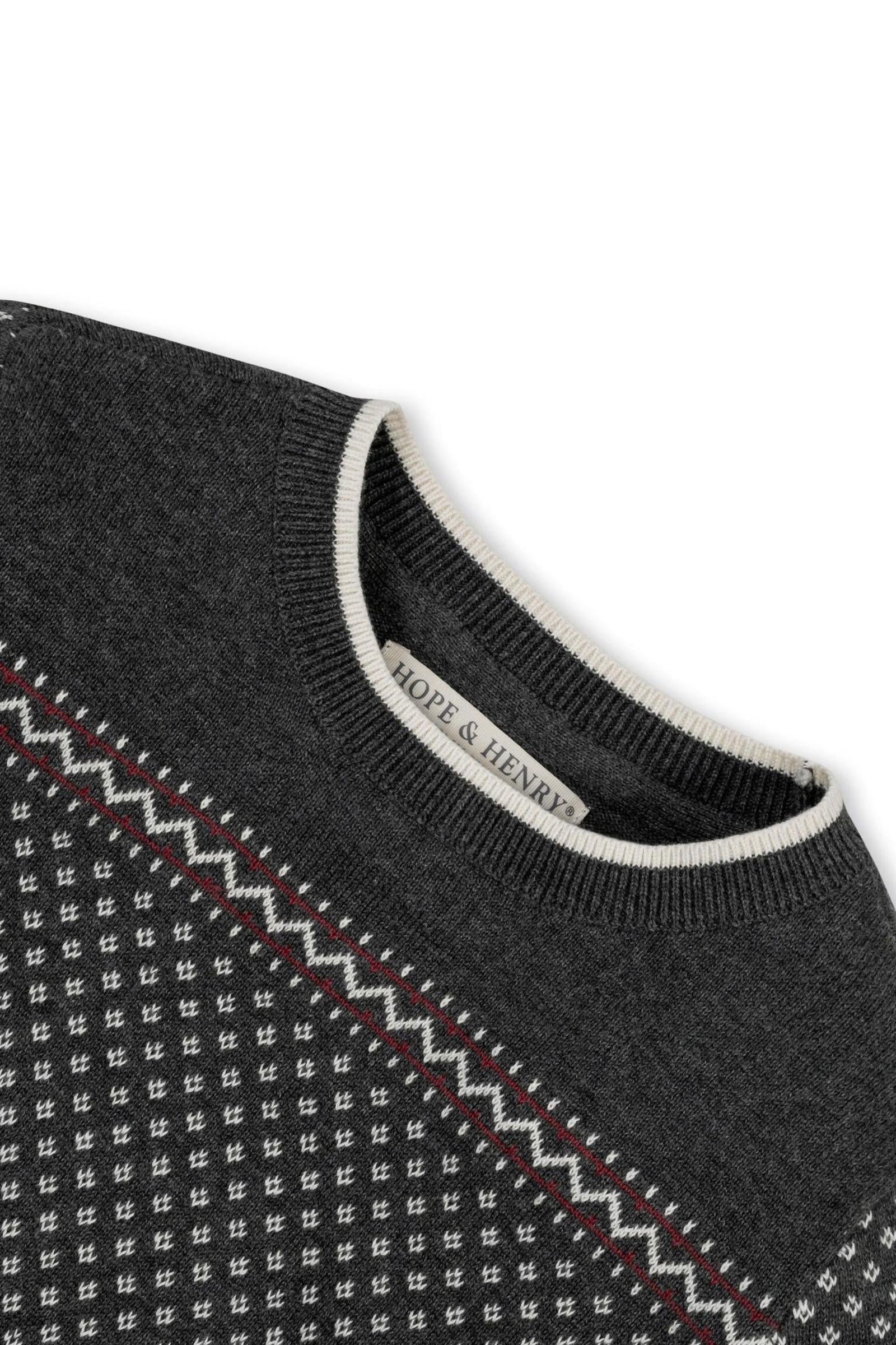 Organic Cotton Crew Neck Sweater for Boys, Charcoal Heather with Ivory Birdseye Pattern, Toddler & Kids
