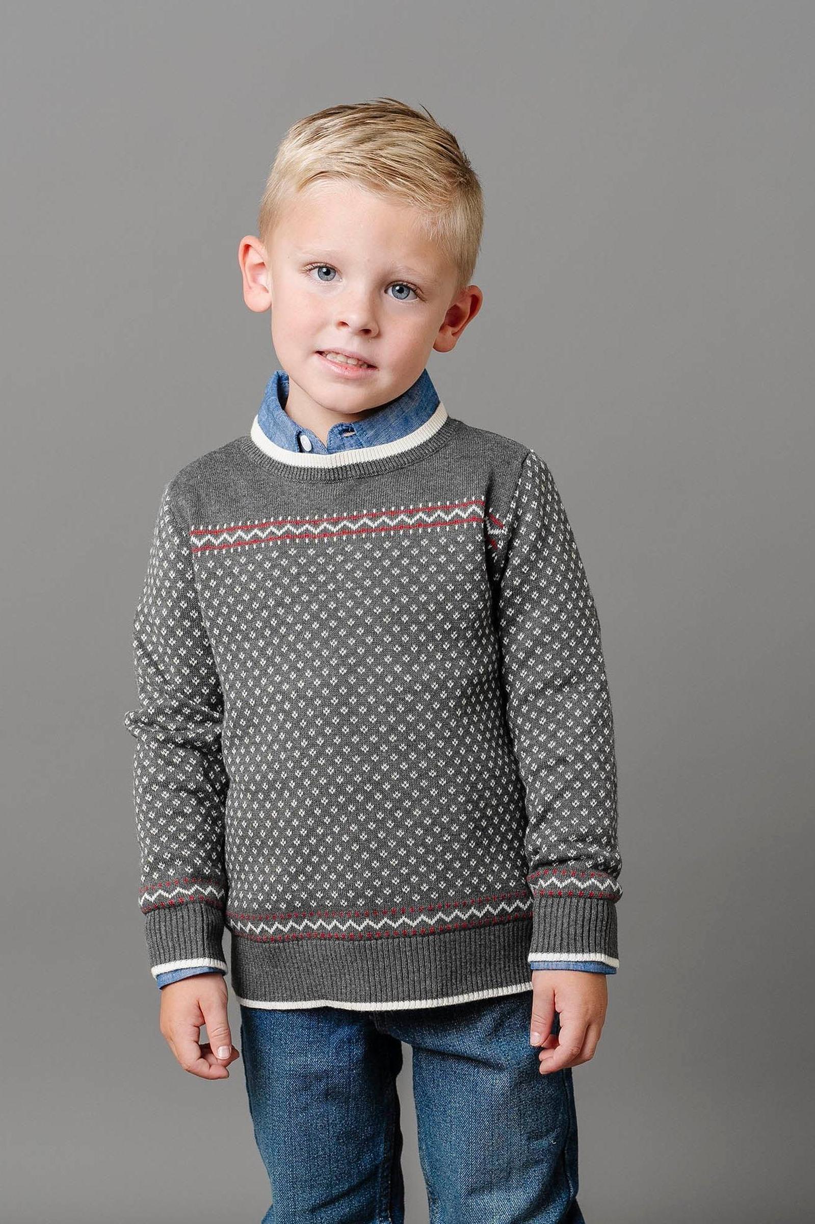 Organic Cotton Crew Neck Sweater for Boys, Charcoal Heather with Ivory Birdseye Pattern, Toddler & Kids