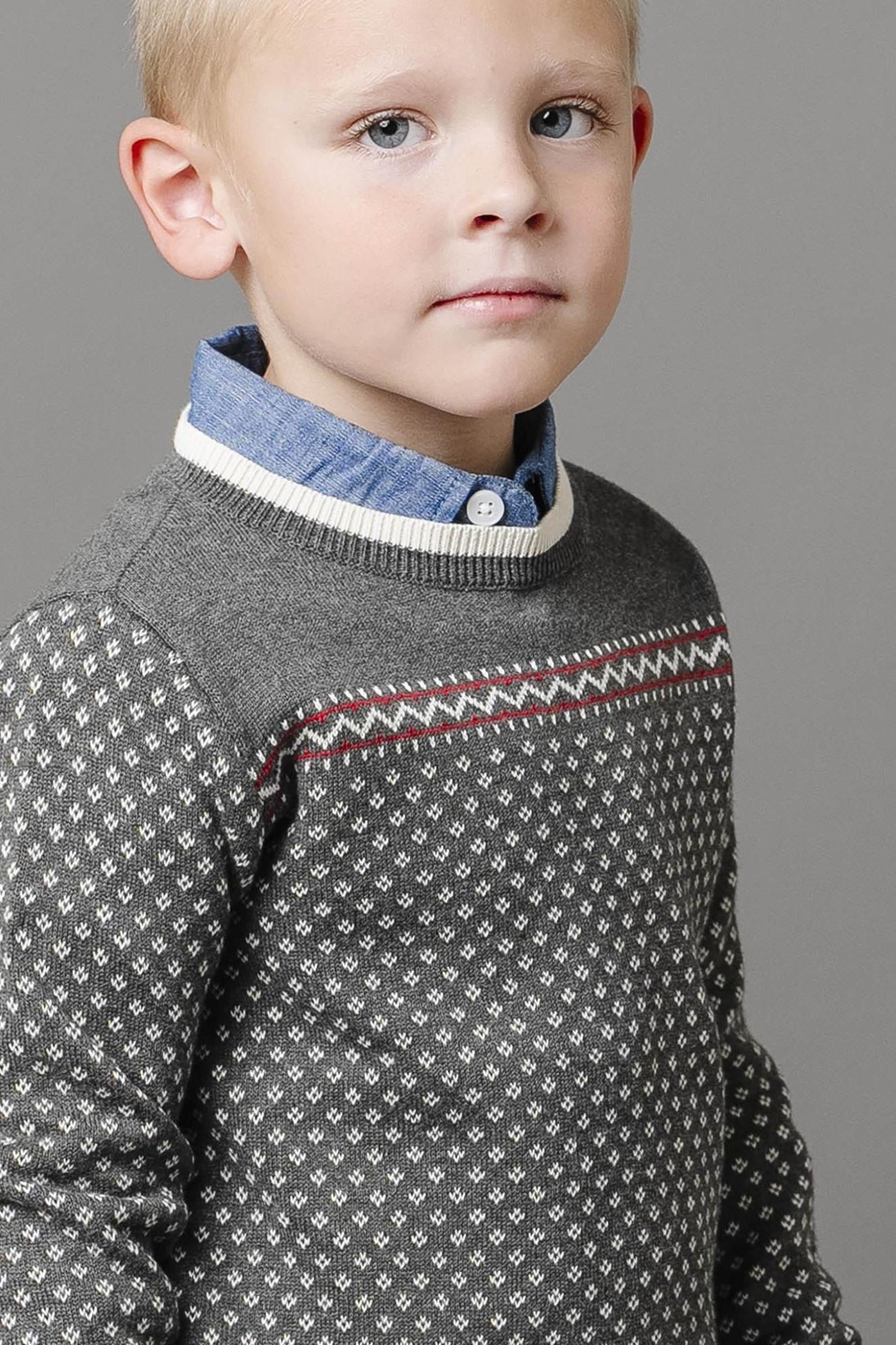 Organic Cotton Crew Neck Sweater for Boys, Charcoal Heather with Ivory Birdseye Pattern, Toddler & Kids