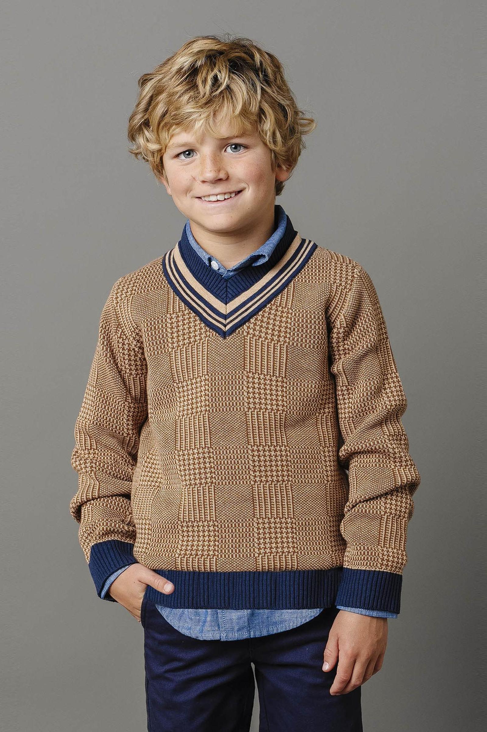 Organic Cotton Intarsia Cricket Sweater for Boys, Brown Glen Plaid Intarsia, Toddler & Kids