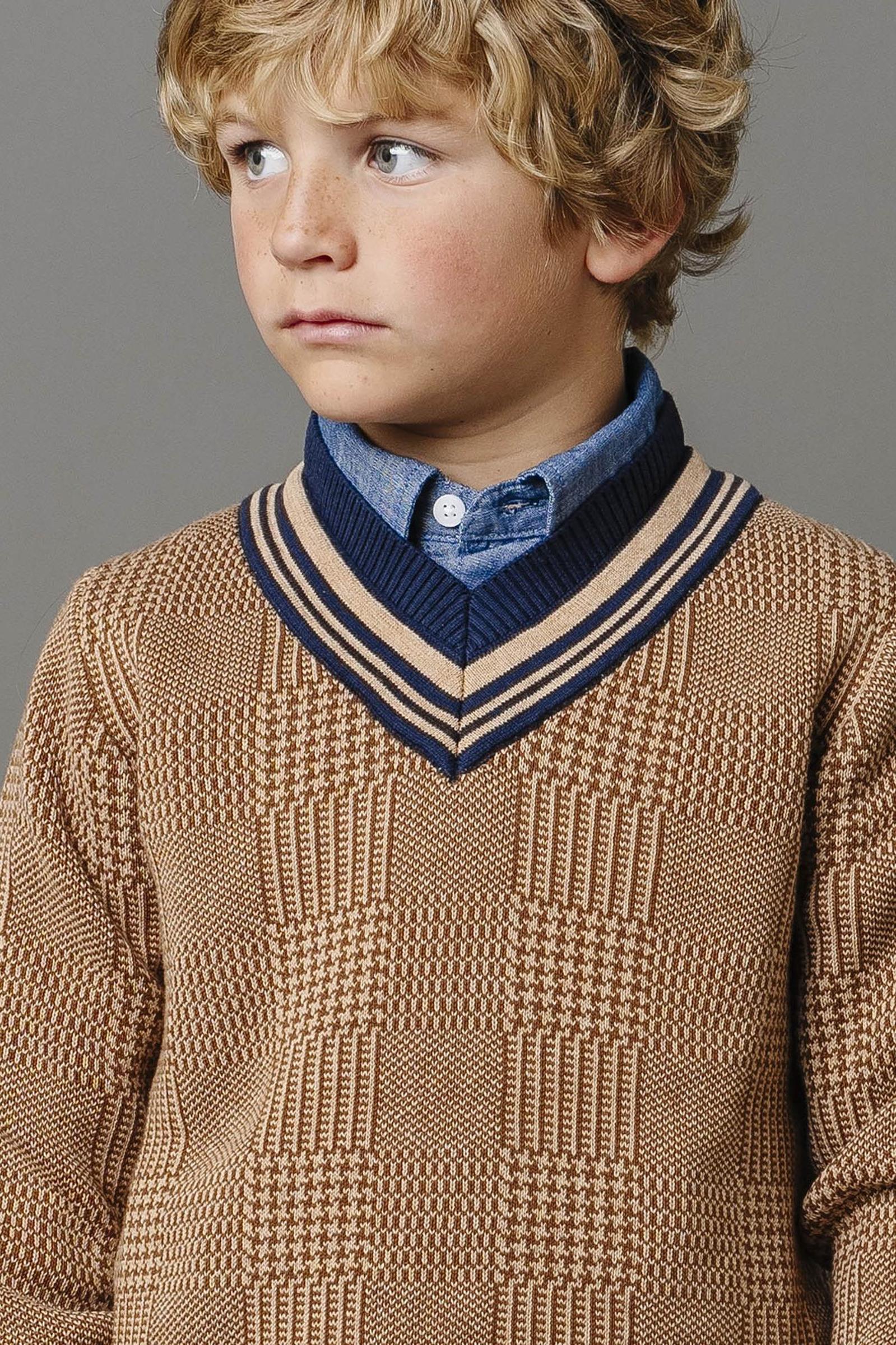 Organic Cotton Intarsia Cricket Sweater for Boys, Brown Glen Plaid Intarsia, Toddler & Kids
