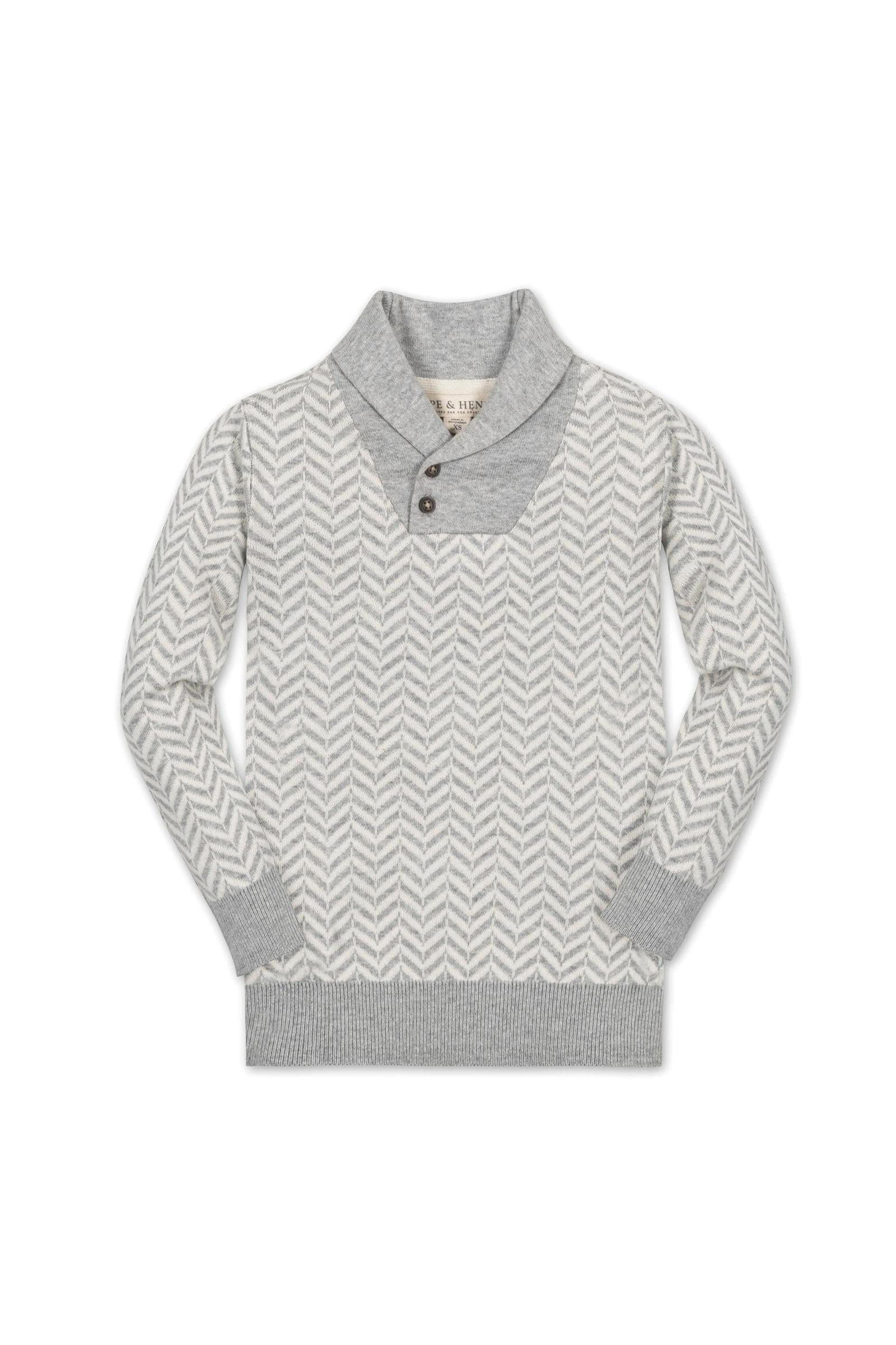 Organic Cotton Intarsia Shawl Collar Sweater for Boys, Light Gray, Sizes 2T-12