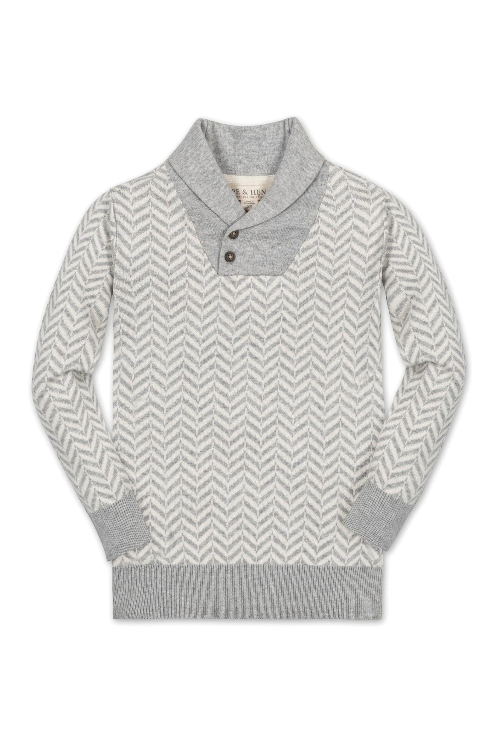 Organic Cotton Shawl Collar Sweater for Boy, Grey Herringbone Knit, Baby