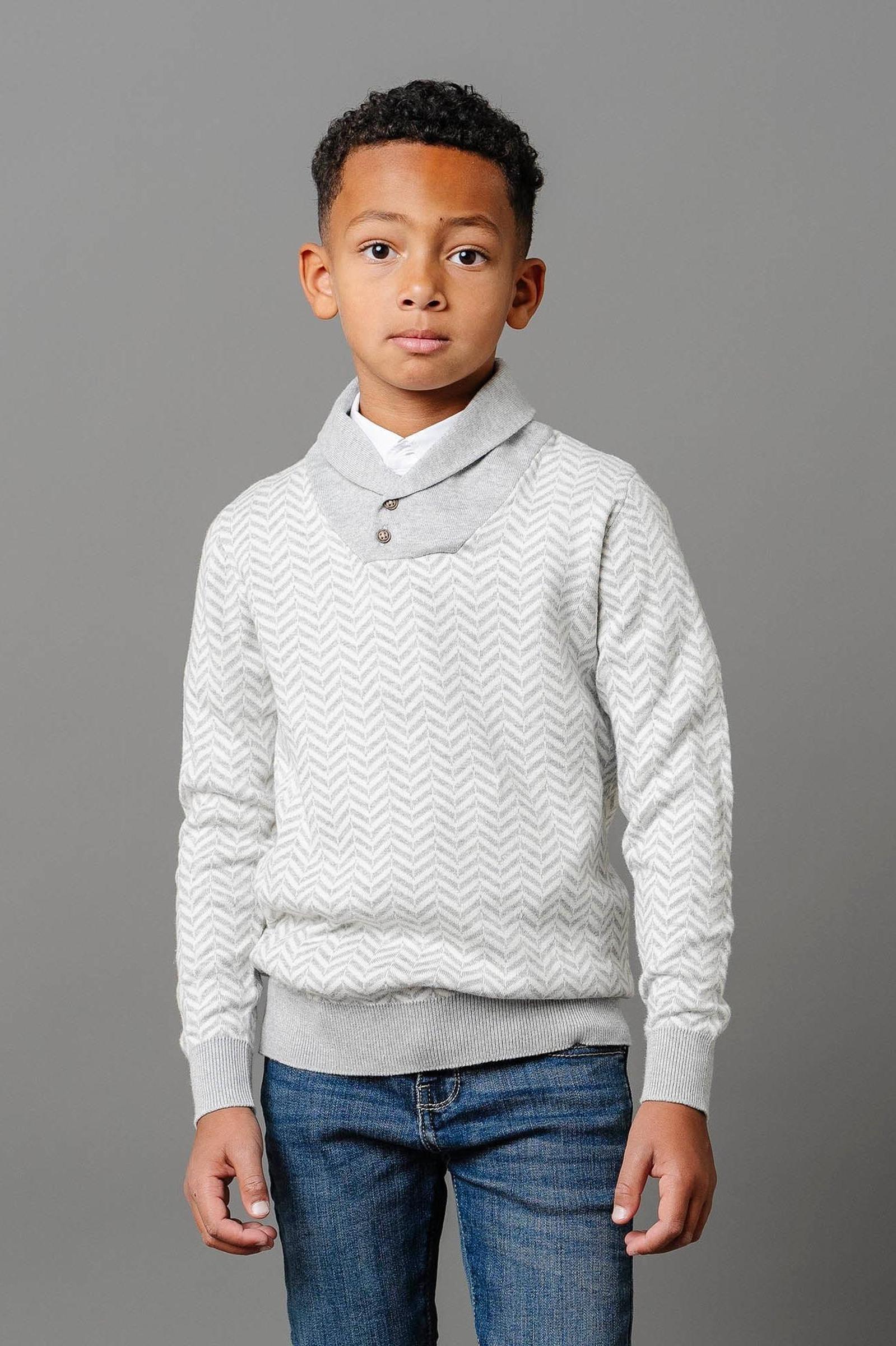 Organic Cotton Shawl Collar Sweater for Boy, Grey Herringbone Knit, Baby