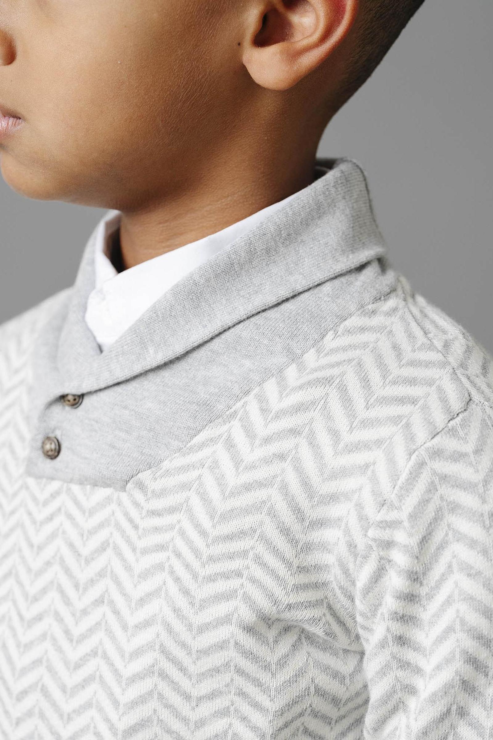 Organic Cotton Intarsia Shawl Collar Sweater for Boys, Light Gray, Sizes 2T-12