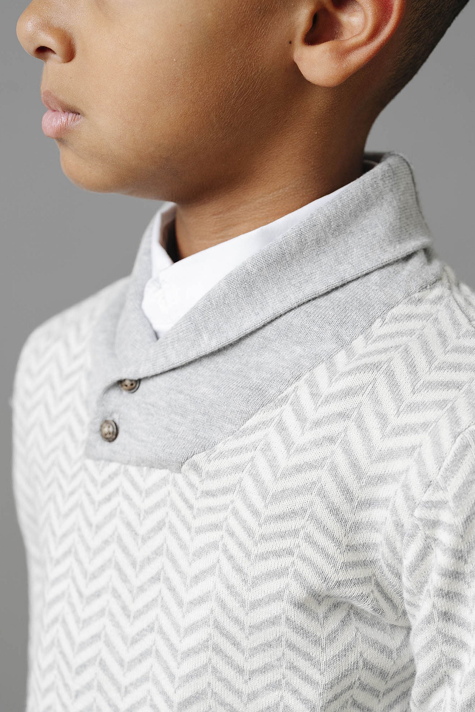 Organic Cotton Shawl Collar Sweater for Boy, Grey Herringbone Knit, Baby