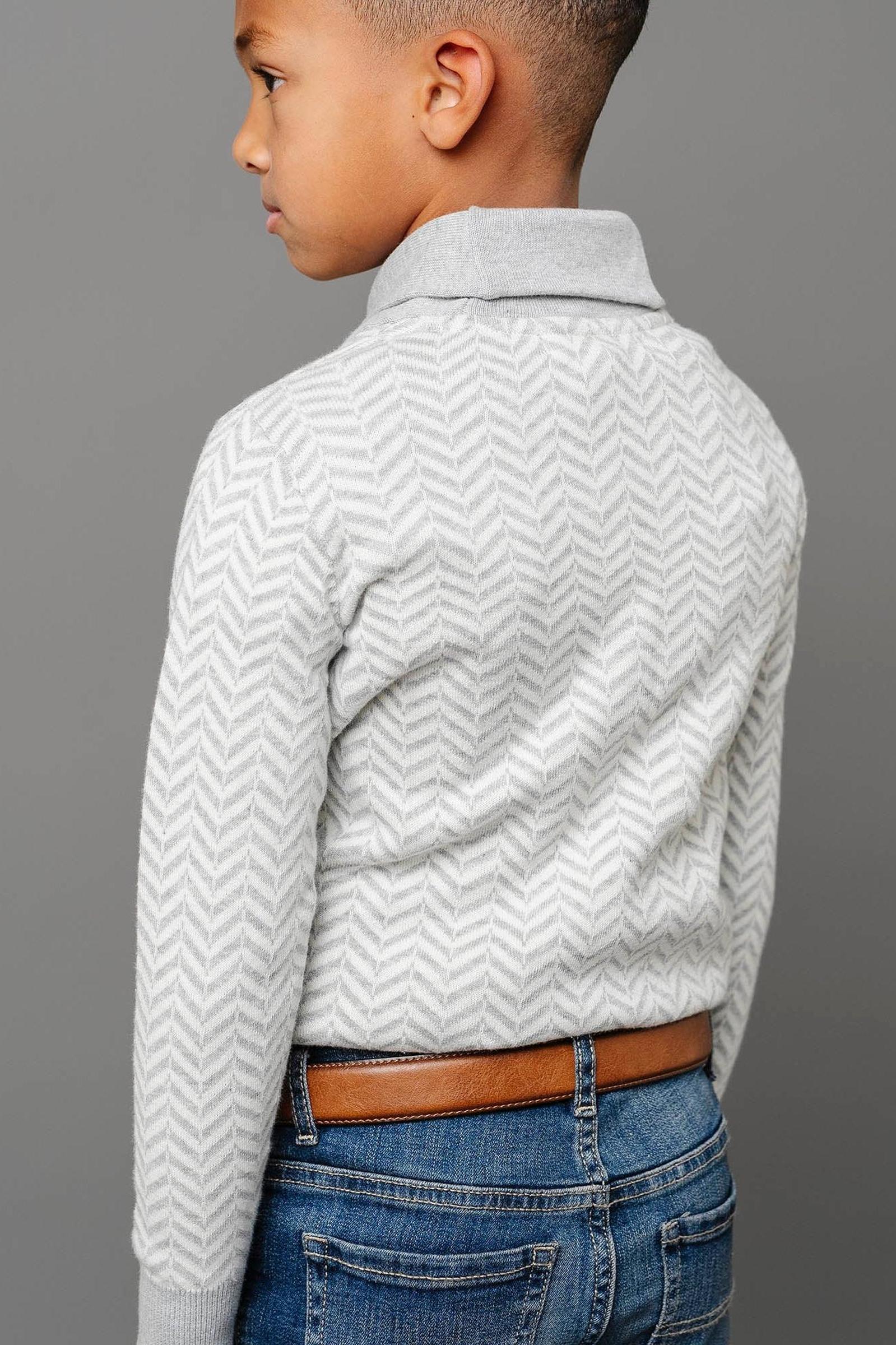 Organic Cotton Shawl Collar Sweater for Boy, Grey Herringbone Knit, Baby