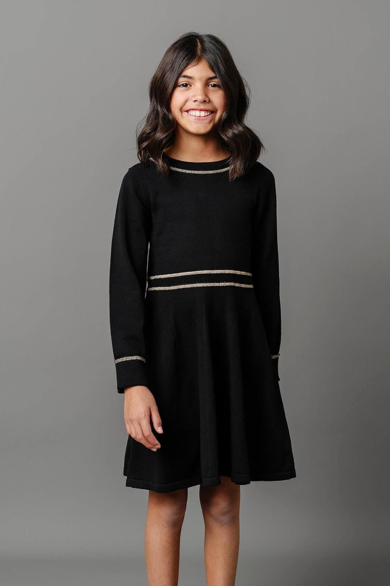 Organic Cotton Gold Tipped Sweater Dress for Girls, Black, Toddler & Kids