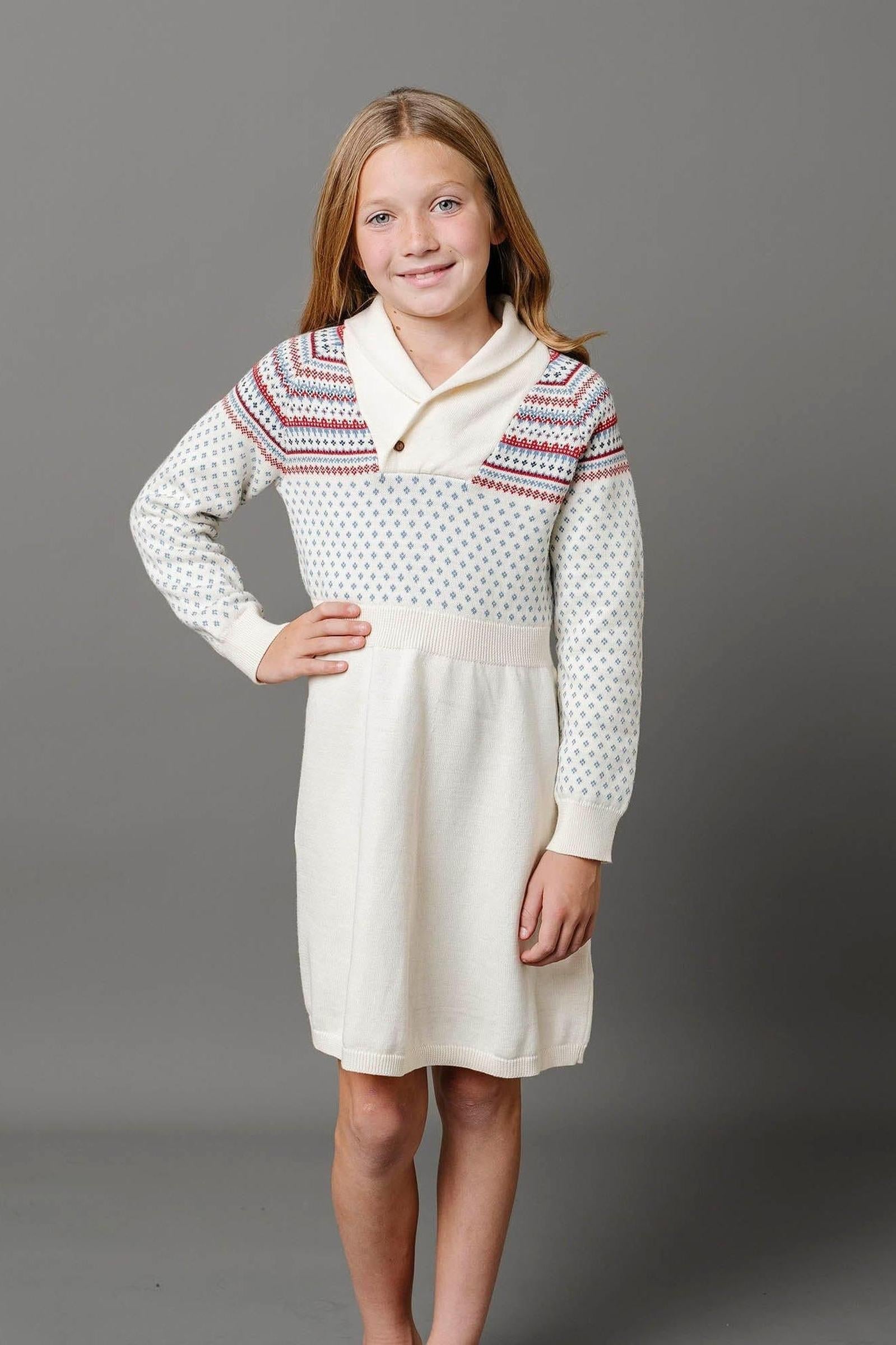 Organic Cotton Shawl Collar Sweater Dress, Ivory, Toddler & Kids