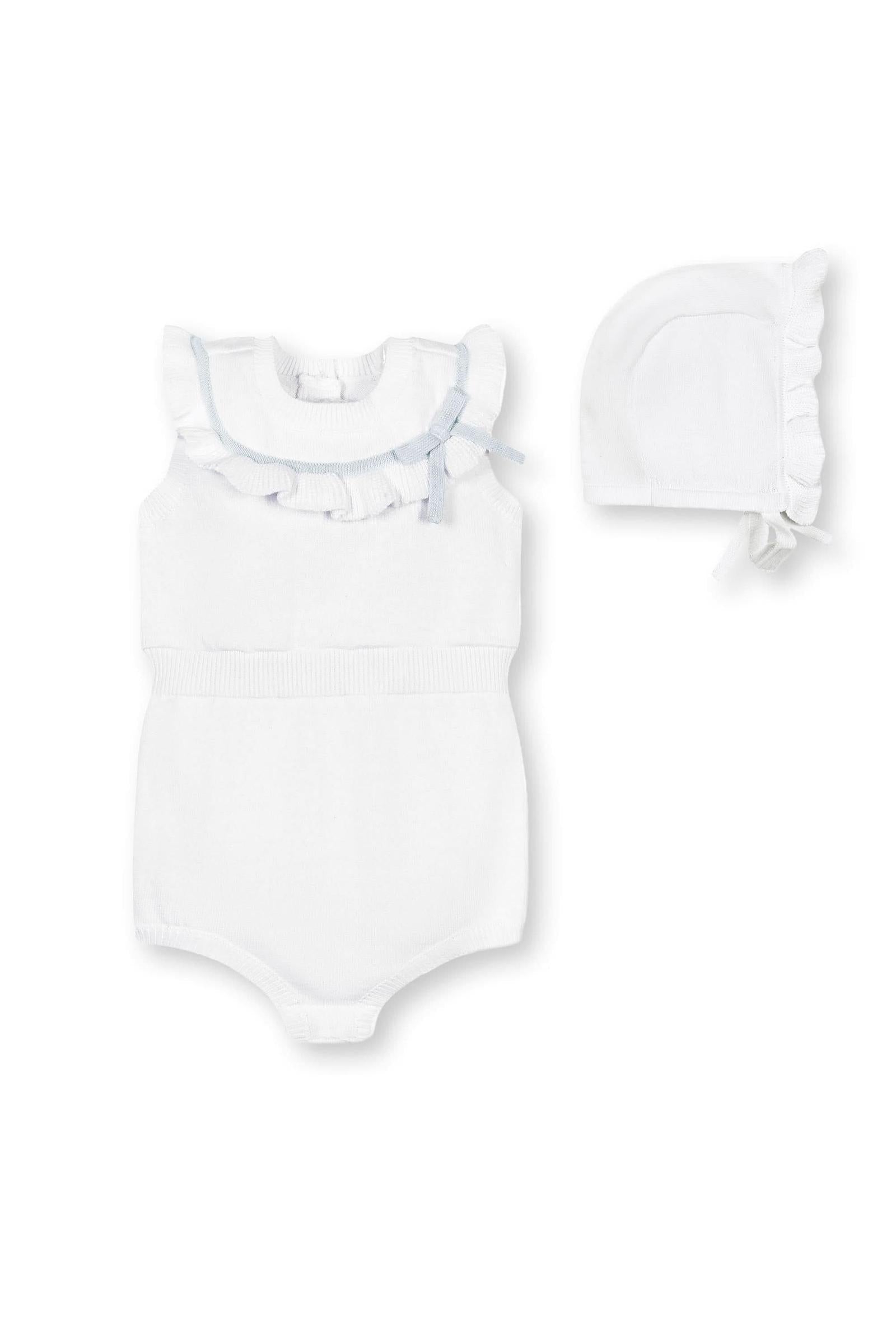 Organic Cotton Ruffle Sweater Romper and Bonnet Set for Baby Girls, White, 0-12M