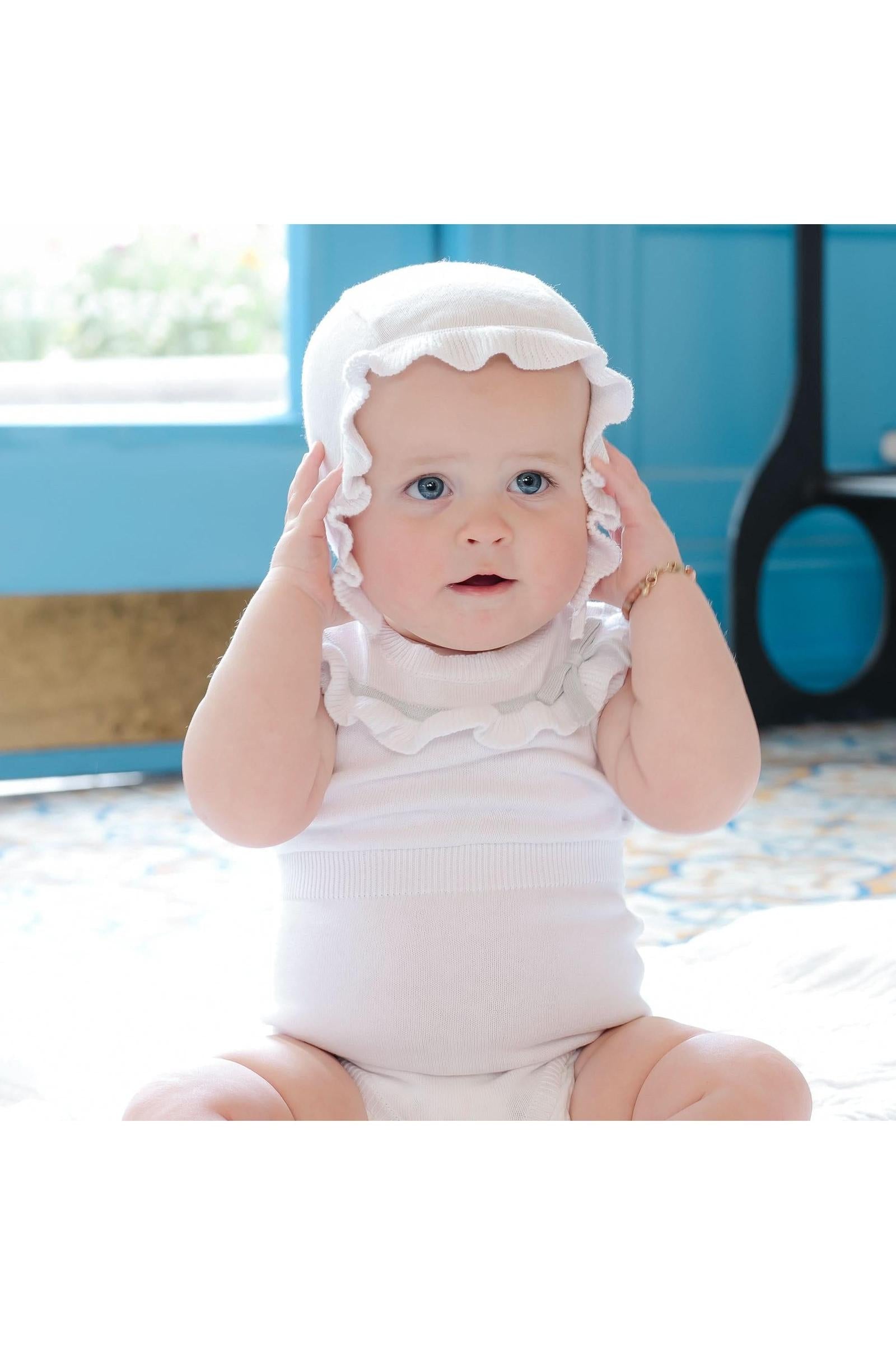Organic Cotton Ruffle Sweater Romper and Bonnet Set for Baby Girls, White, 0-12M