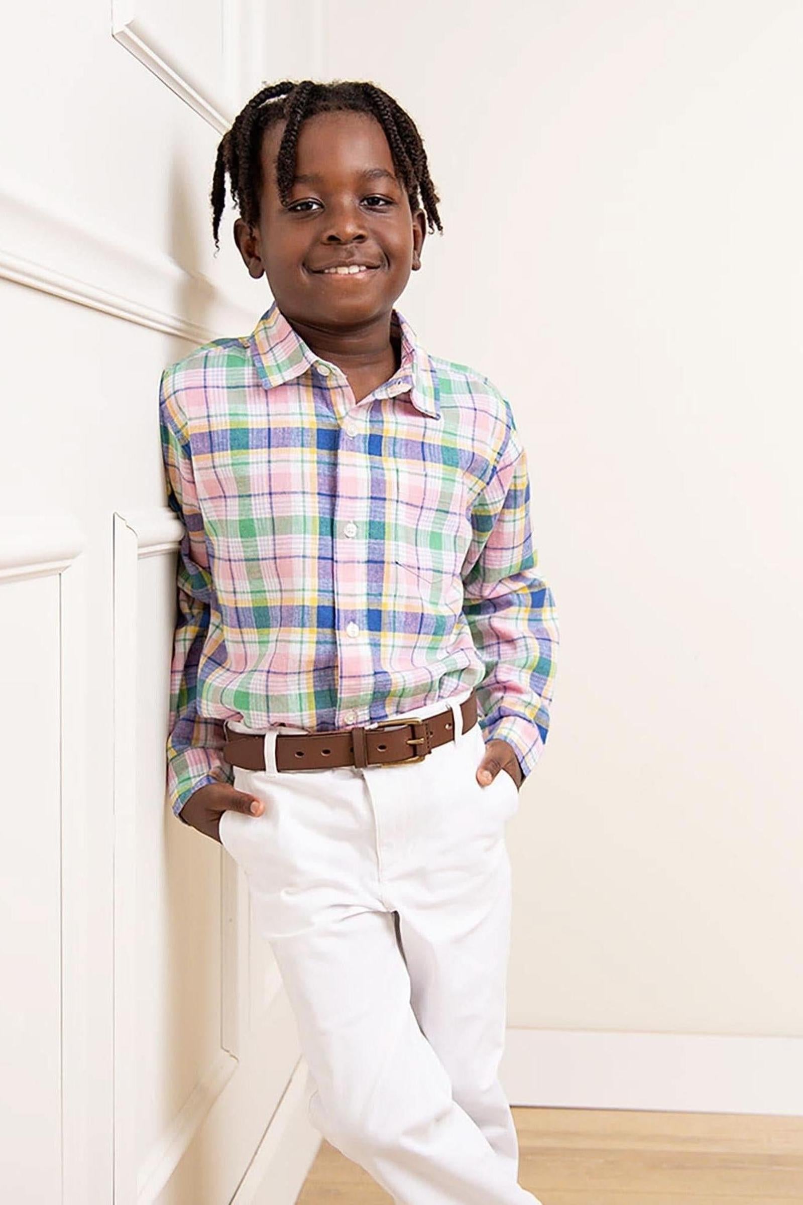 Linen Button Down Shirt for Boys, White Plaid, Sizes 2-16