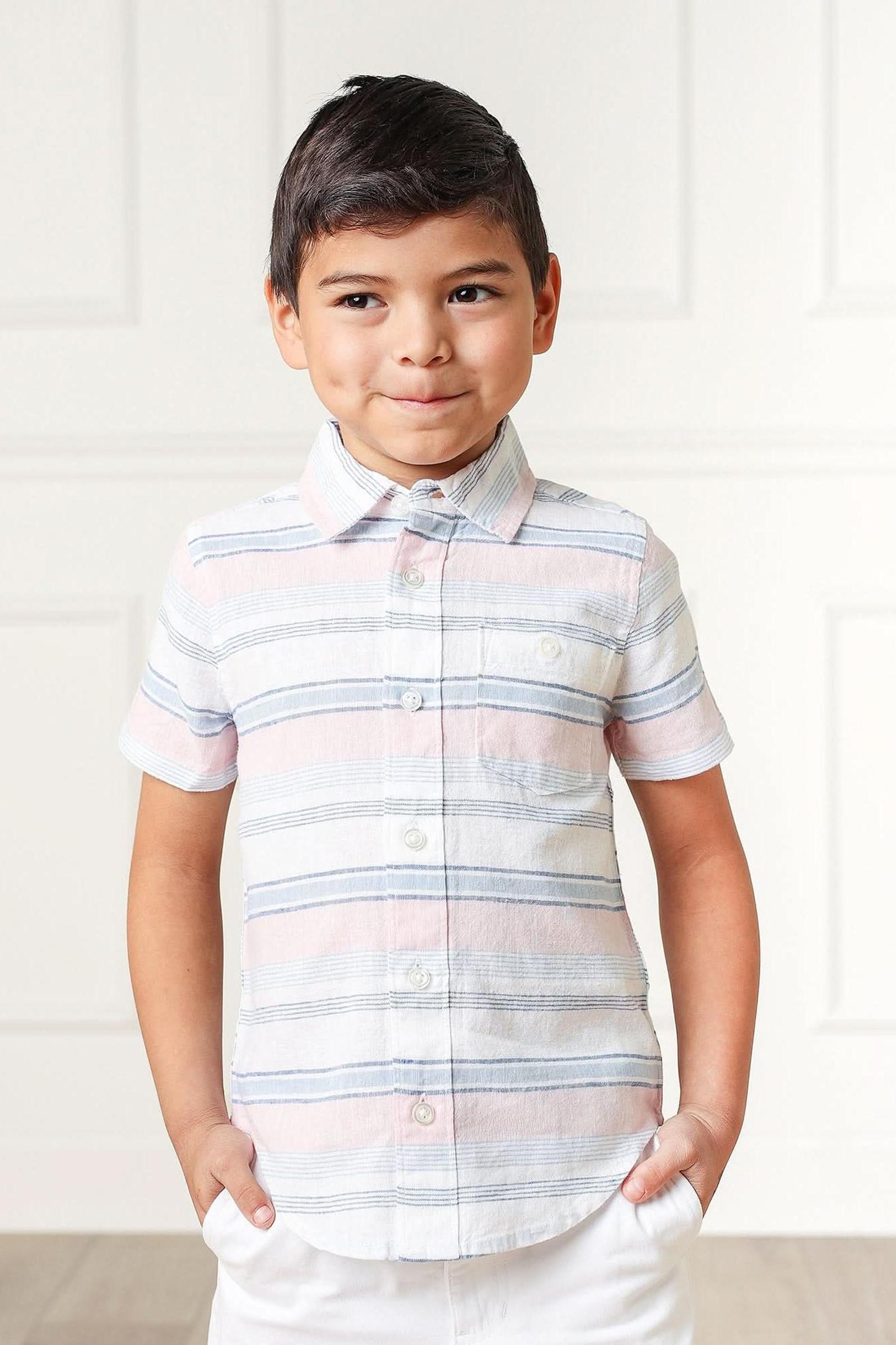 Linen Button Down Casual Shirt for Boys, Short Sleeve Striped, Toddler & Kids