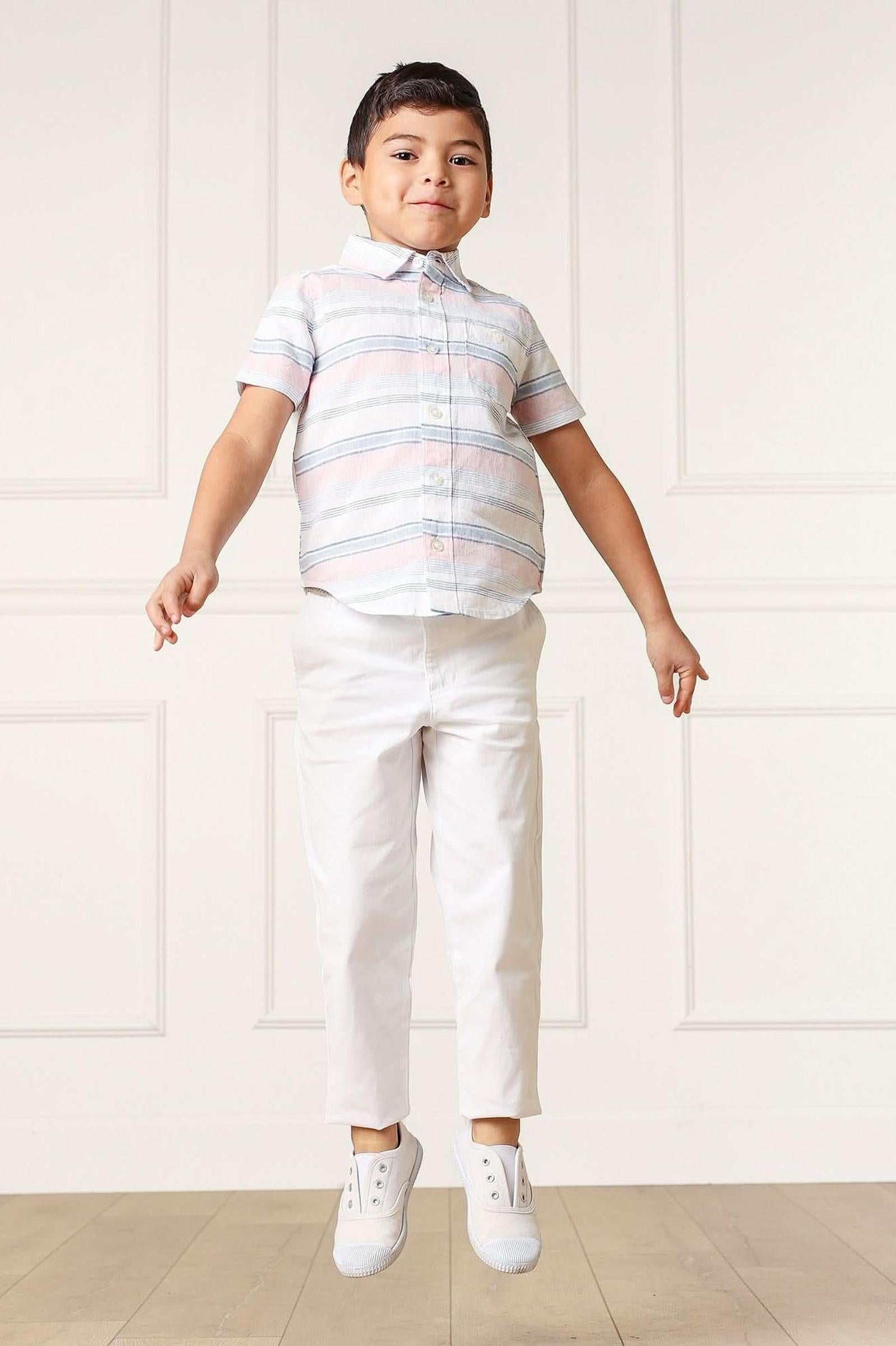 Linen Button Down Casual Shirt for Boys, Short Sleeve Striped, Toddler & Kids