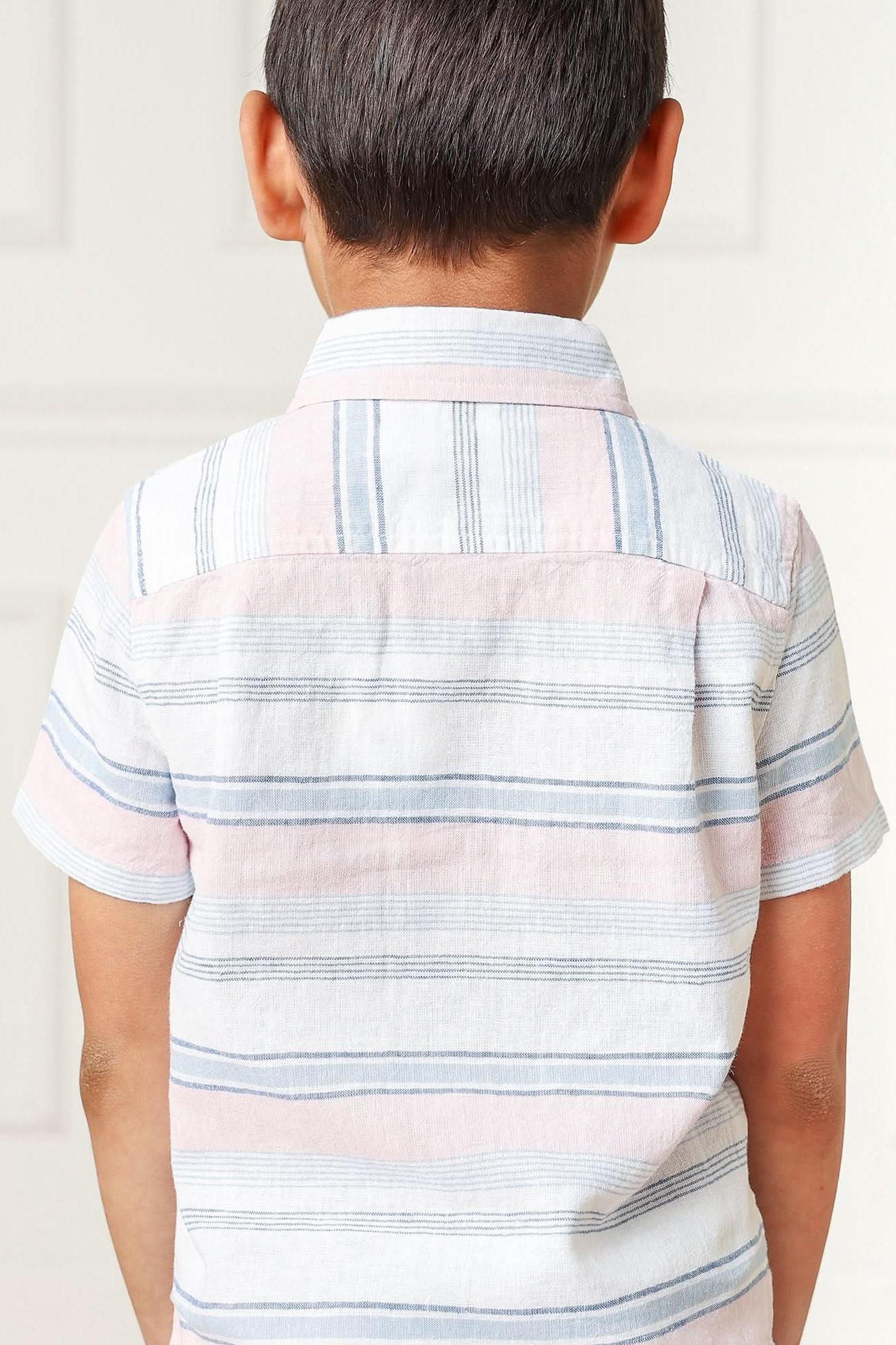 Linen Button Down Casual Shirt for Boys, Short Sleeve Striped, Toddler & Kids