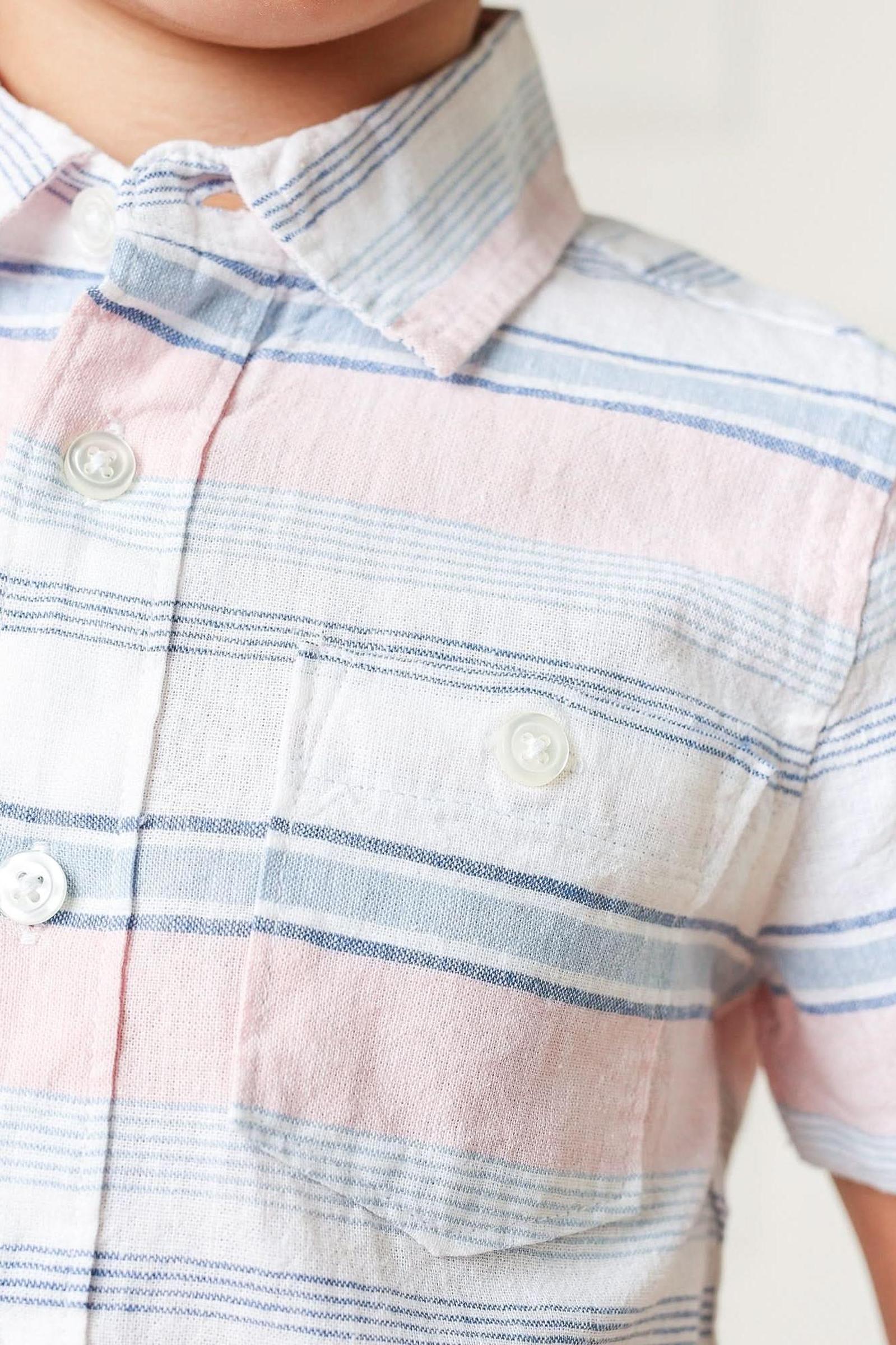 Linen Button Down Casual Shirt for Boys, Short Sleeve Striped, Toddler & Kids