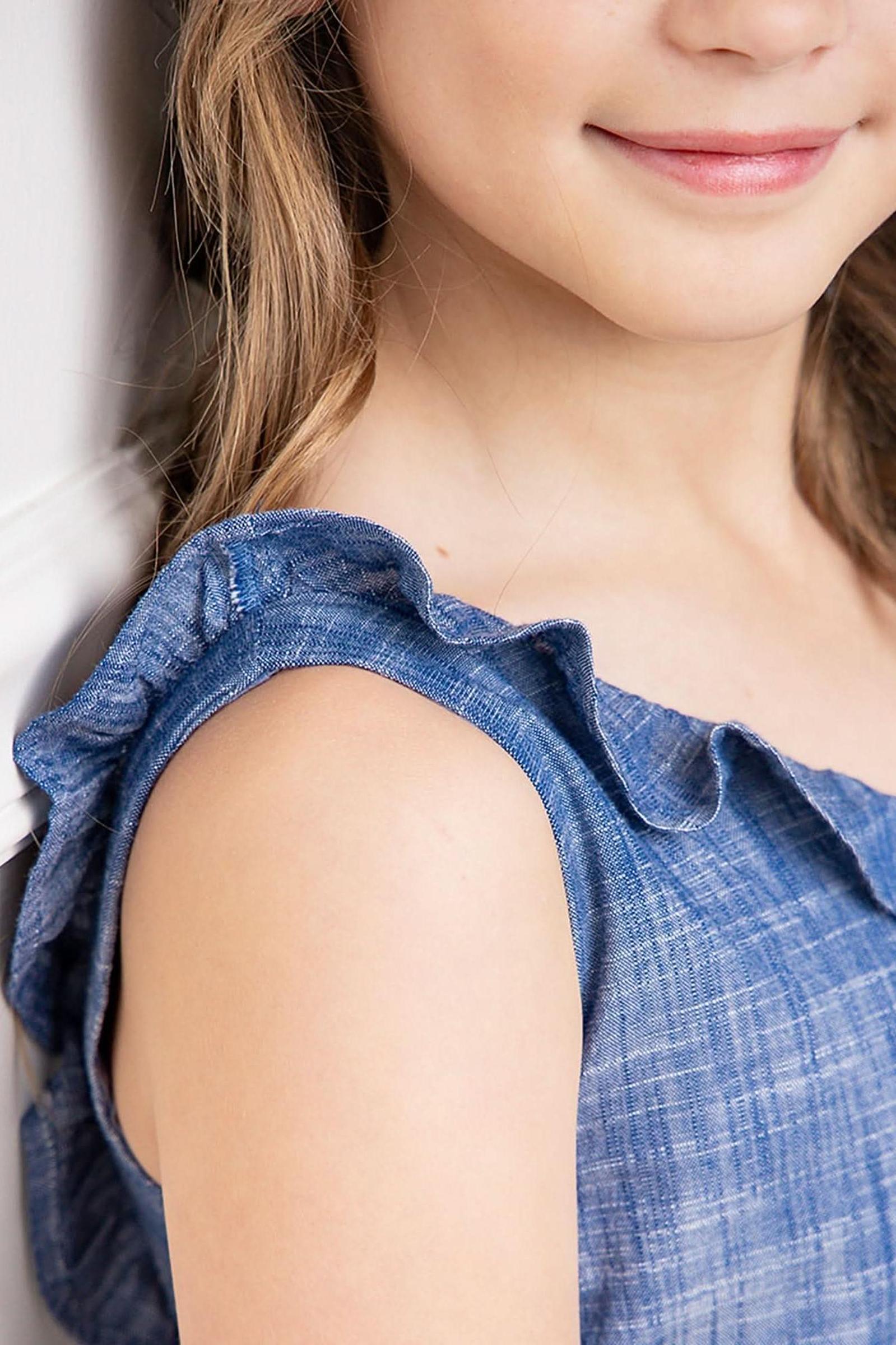 Girl Ruffle Neck Organic Cotton Jumpsuit, Chambray, Toddler & Kids