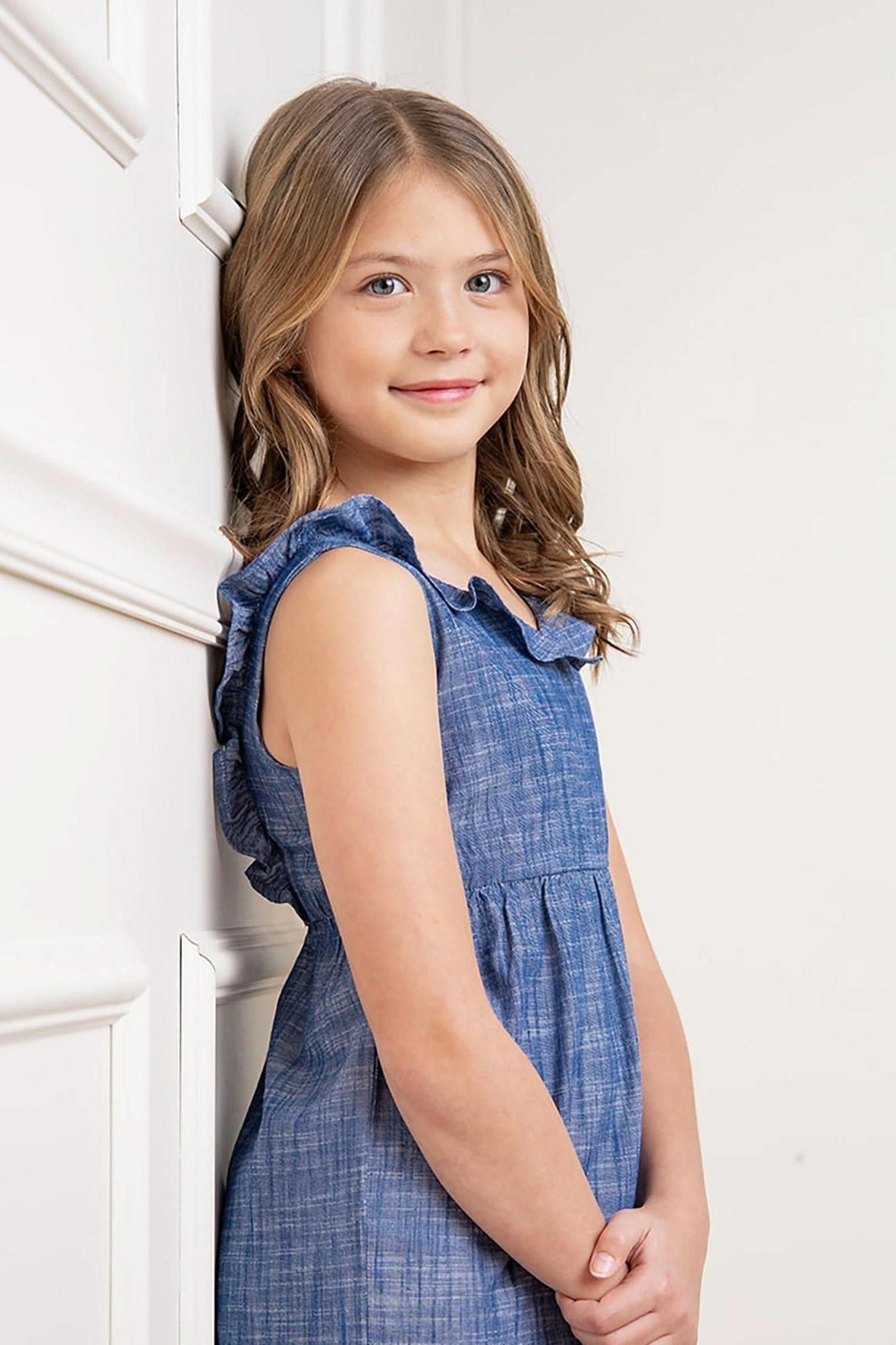 Girl Ruffle Neck Organic Cotton Jumpsuit, Chambray, Toddler & Kids