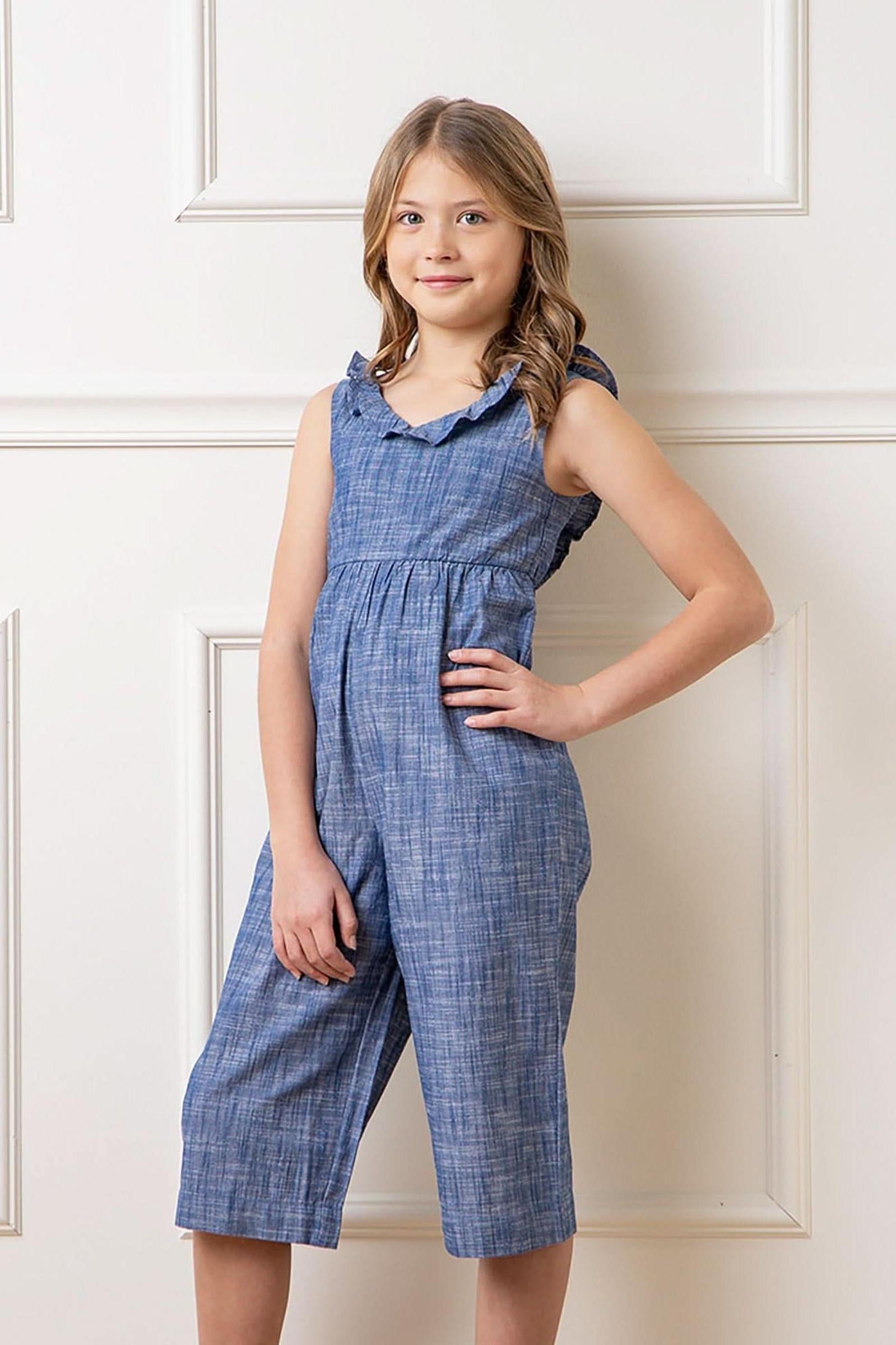 Girl Ruffle Neck Organic Cotton Jumpsuit, Chambray, Toddler & Kids