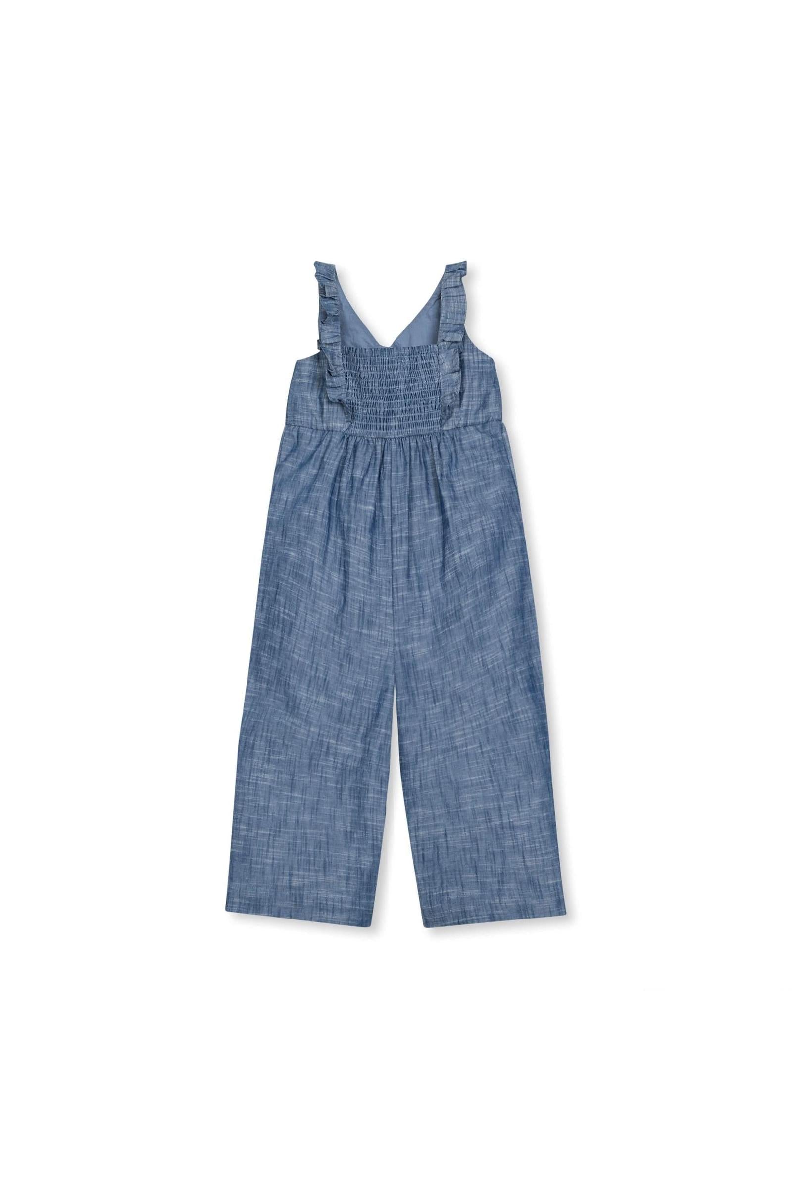 Girl Ruffle Neck Organic Cotton Jumpsuit, Chambray, Toddler & Kids