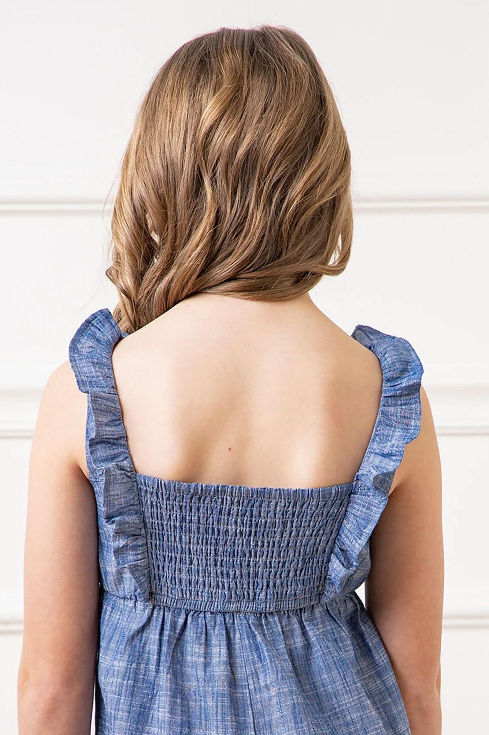 Girl Ruffle Neck Organic Cotton Jumpsuit, Chambray, Toddler & Kids