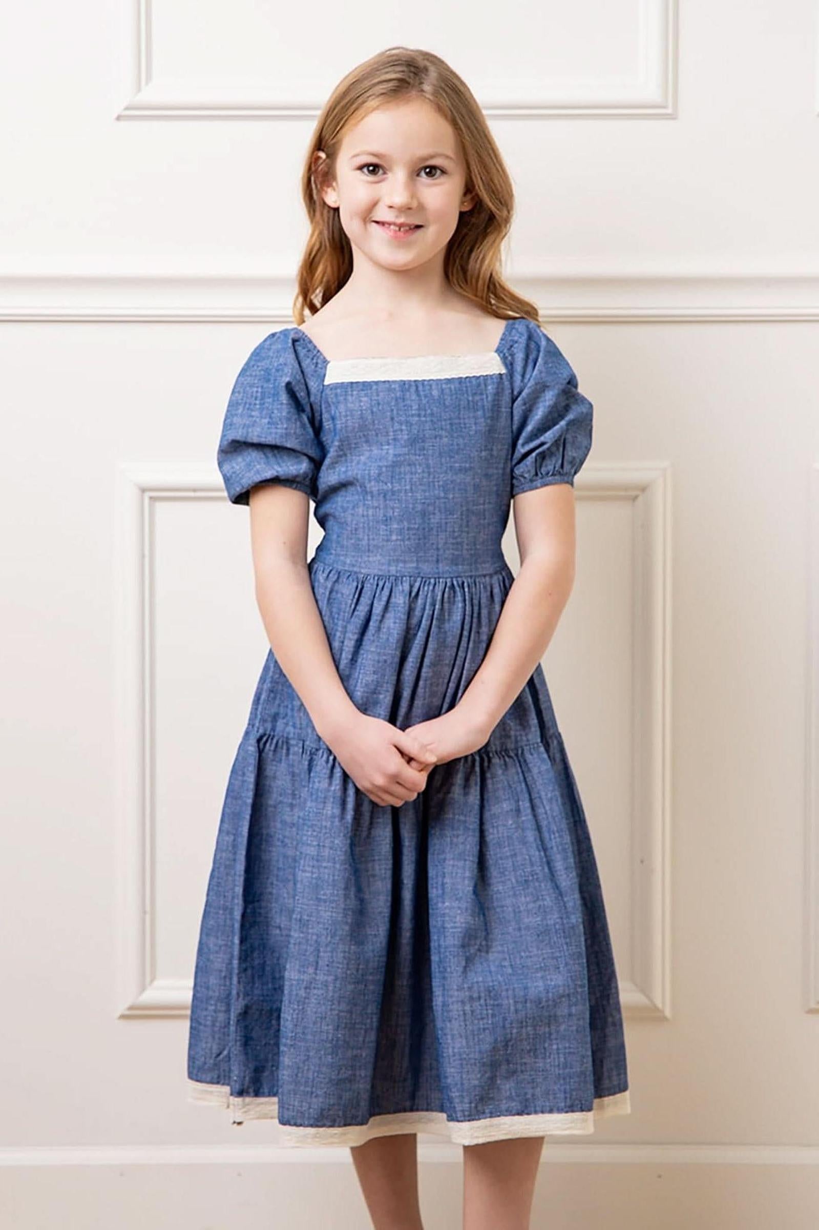 Crochet Trim Organic Cotton Dress for Girls, Chambray, Toddler & Kids, Family Matching Outfits