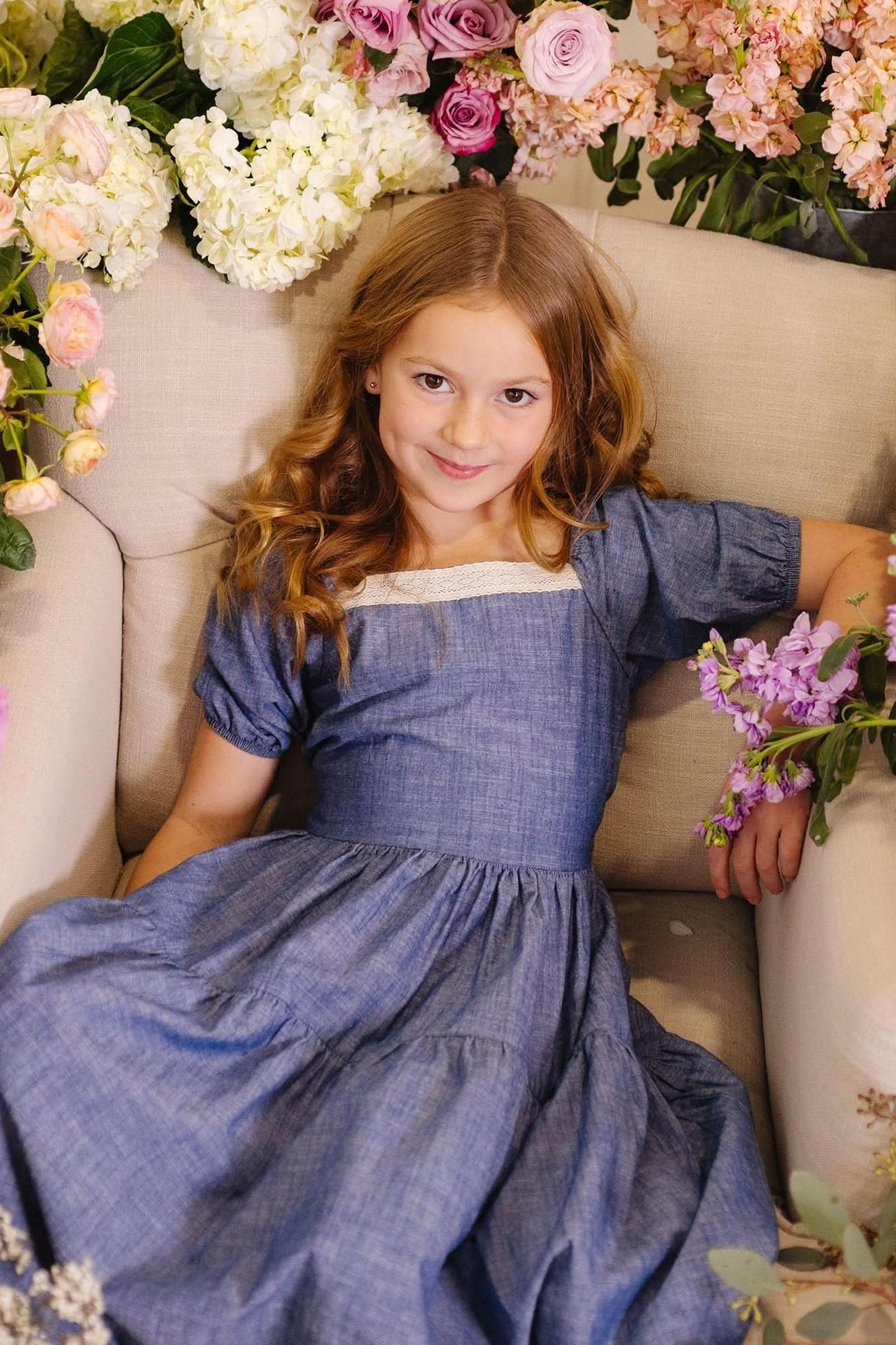 Crochet Trim Organic Cotton Dress for Girls, Chambray, Toddler & Kids, Family Matching Outfits