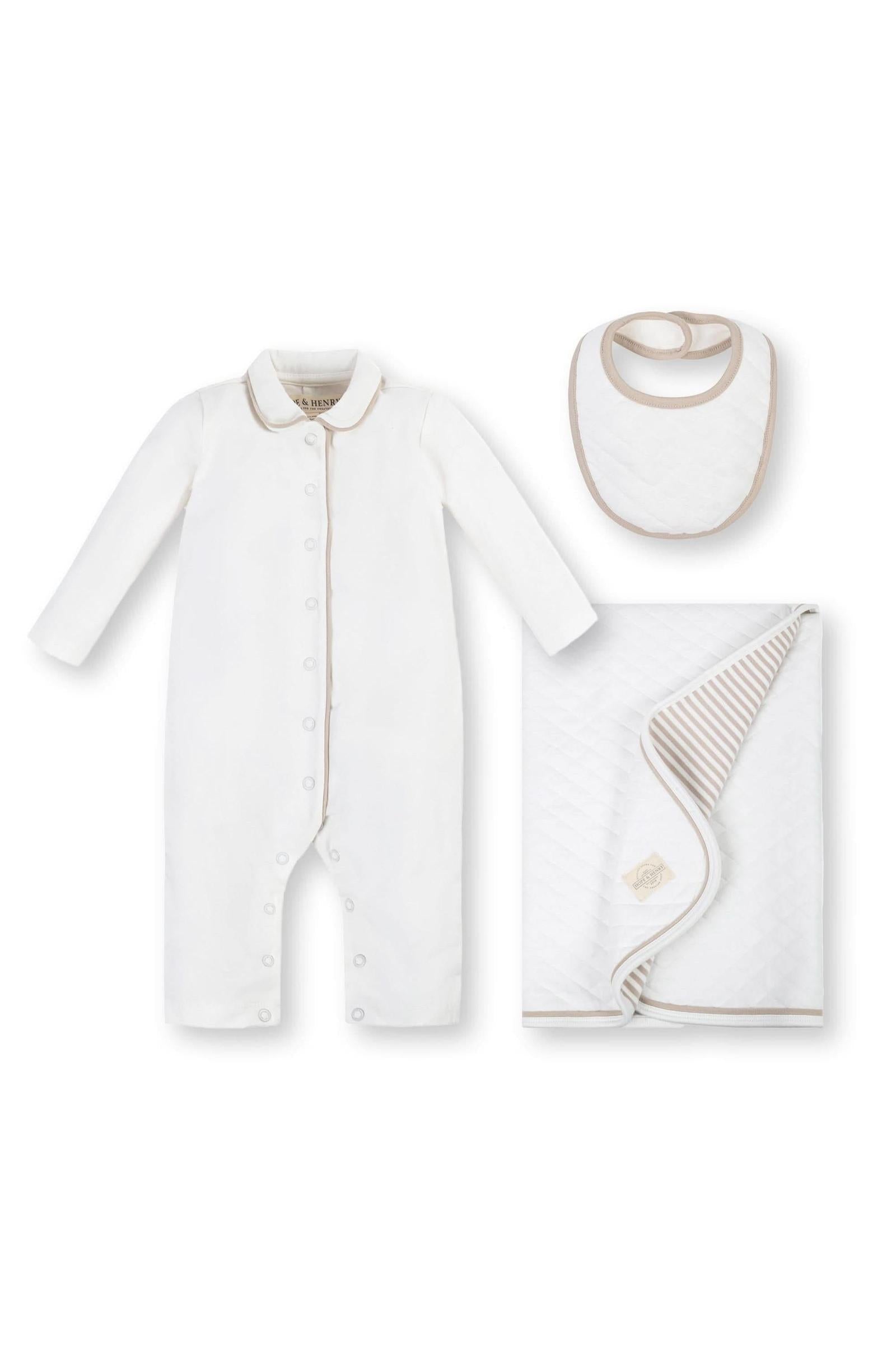 3-Piece Organic Cotton Knit Gift Set for Babies, White & Taupe, 0-12M