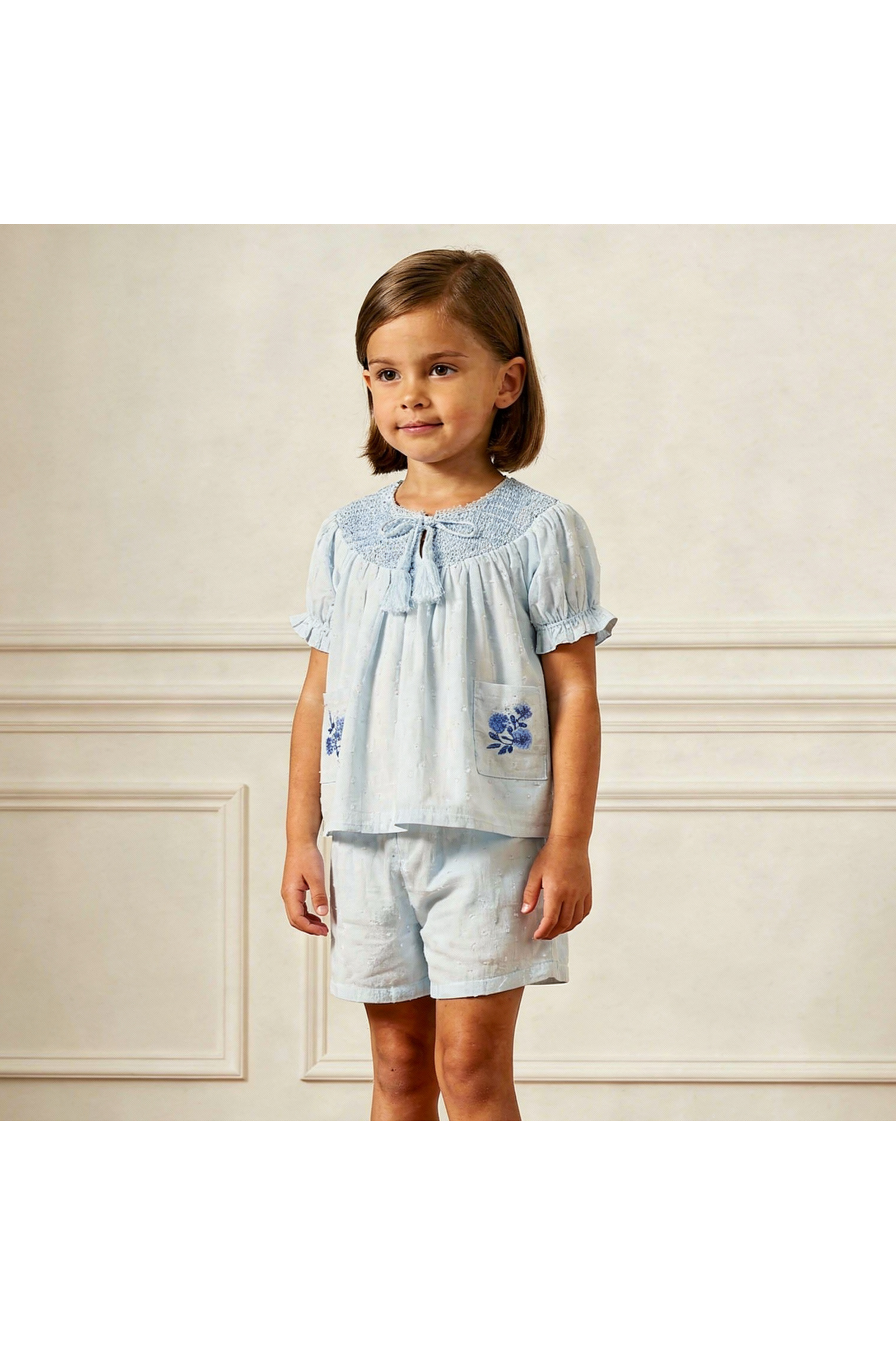 Organic Smocked Top & Shorts Set - Light Blue