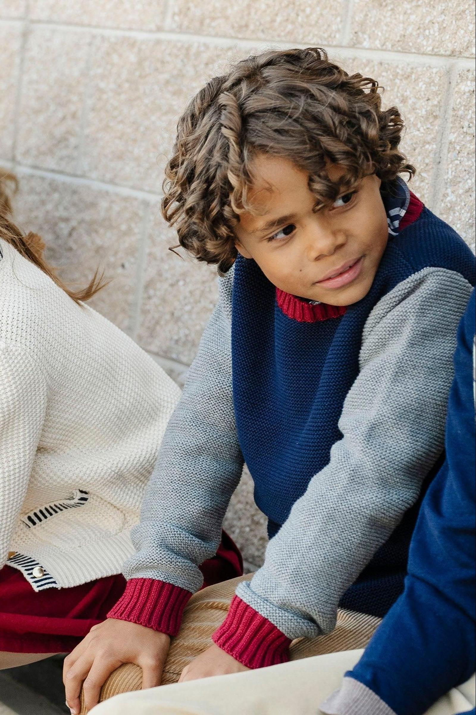 Organic Cotton Crewneck Sweater, Navy & Gray, Toddler - Teen