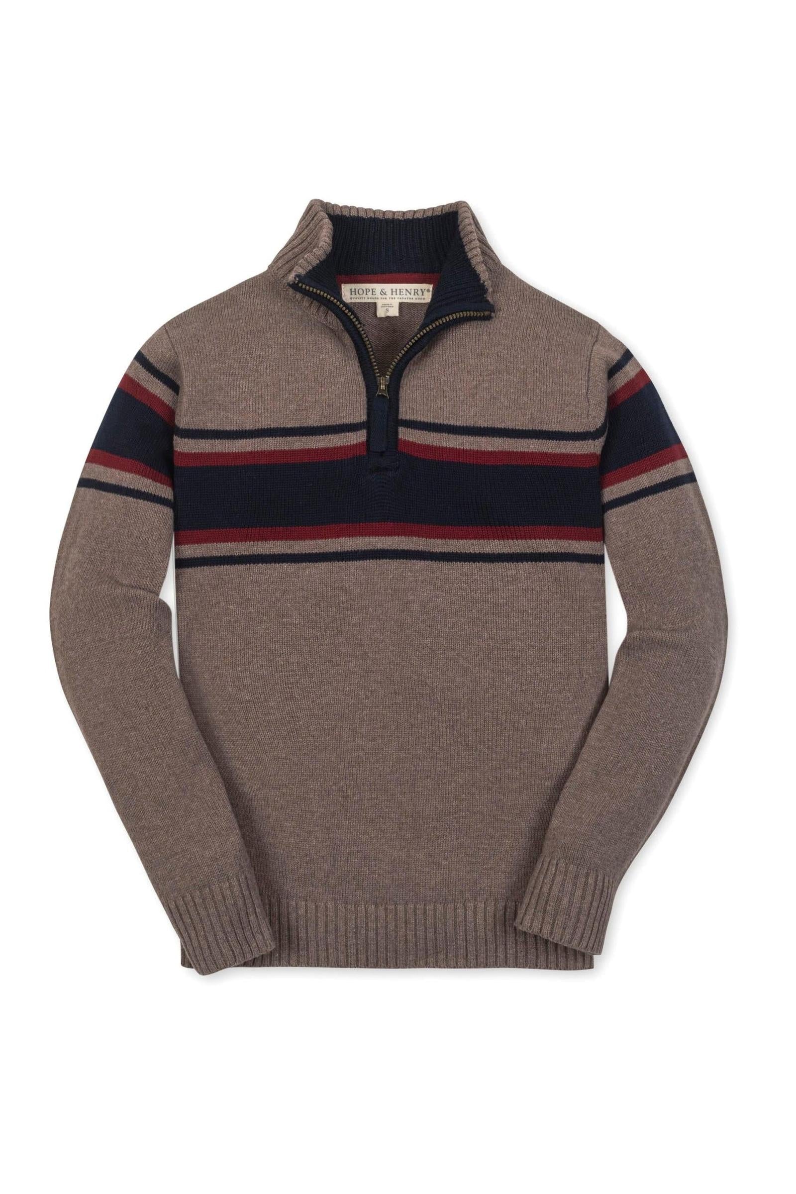 Organic Cotton Half Zip Sweater For Boys, Taupe Heather Chest Stripe, Kids (5-20)