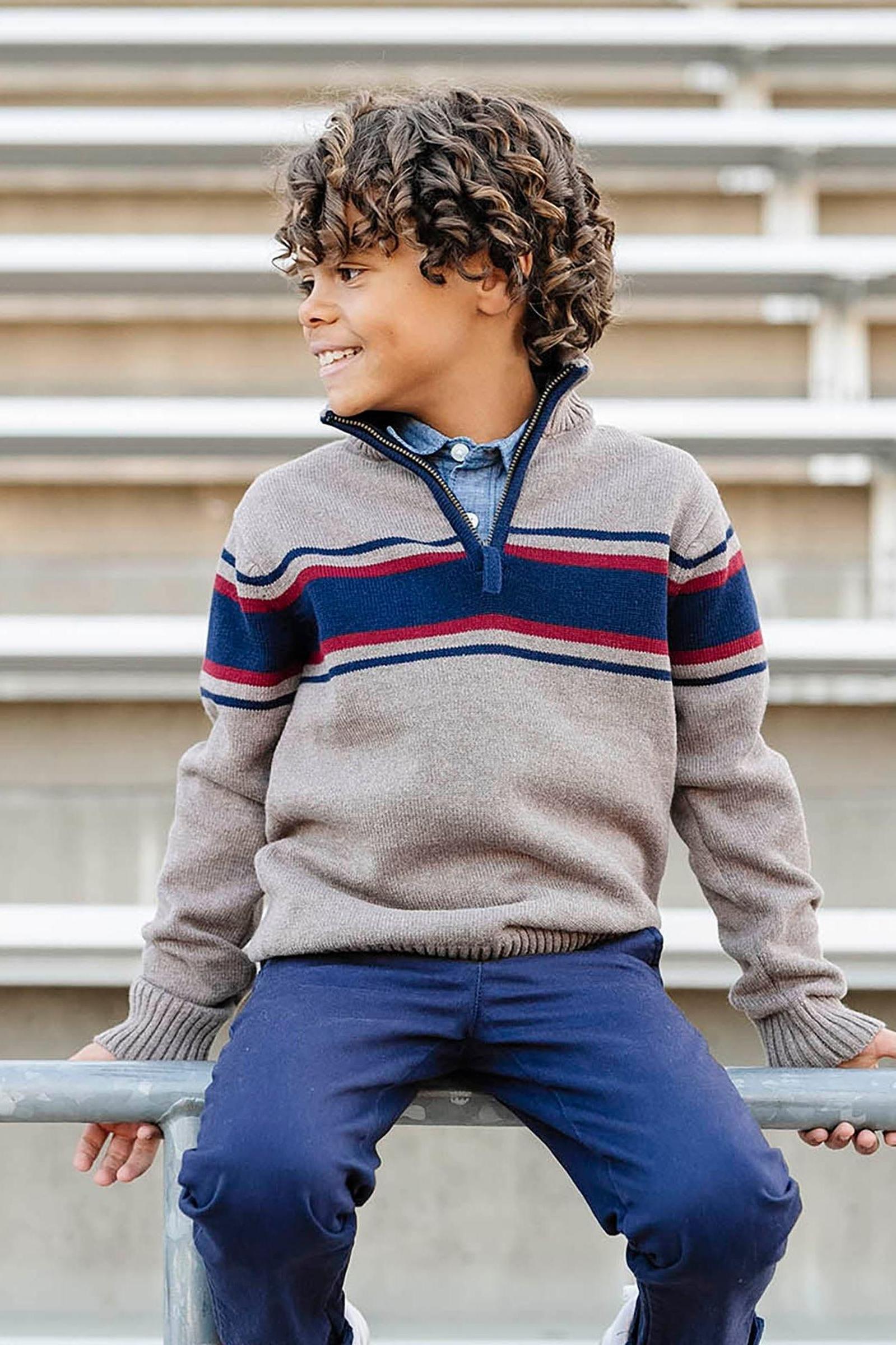 Organic Cotton Half Zip Sweater For Boys, Taupe Heather Chest Stripe, Kids (5-20)