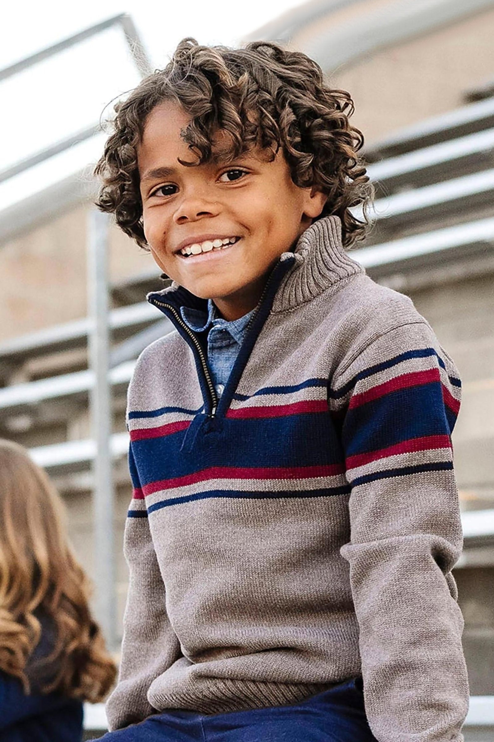 Organic Cotton Half Zip Sweater For Boys, Taupe Heather Chest Stripe, Kids (5-20)