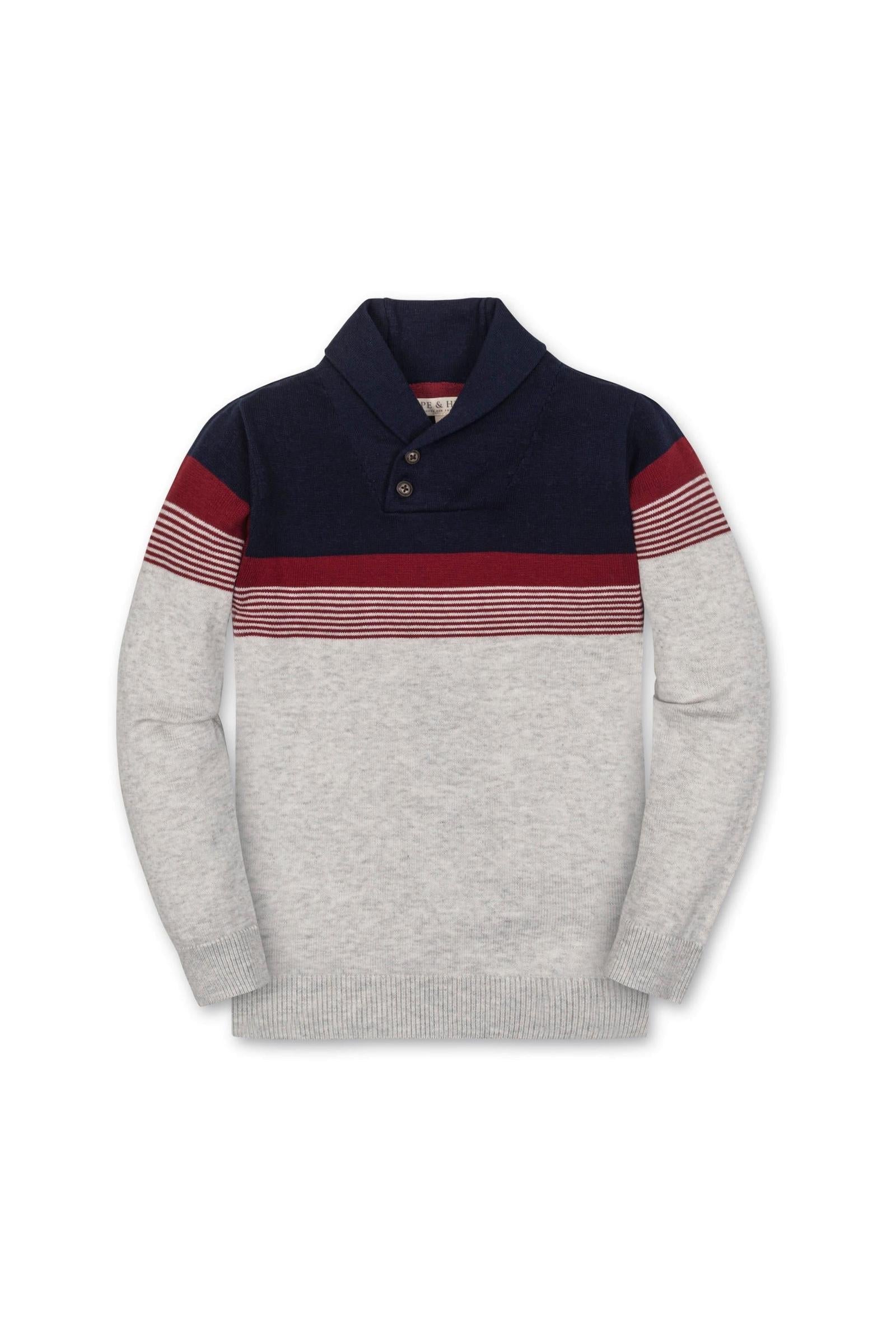 Organic Cotton Shawl Collar Sweater for Boys, Navy & Light Gray Stripe, Sizes 2-16