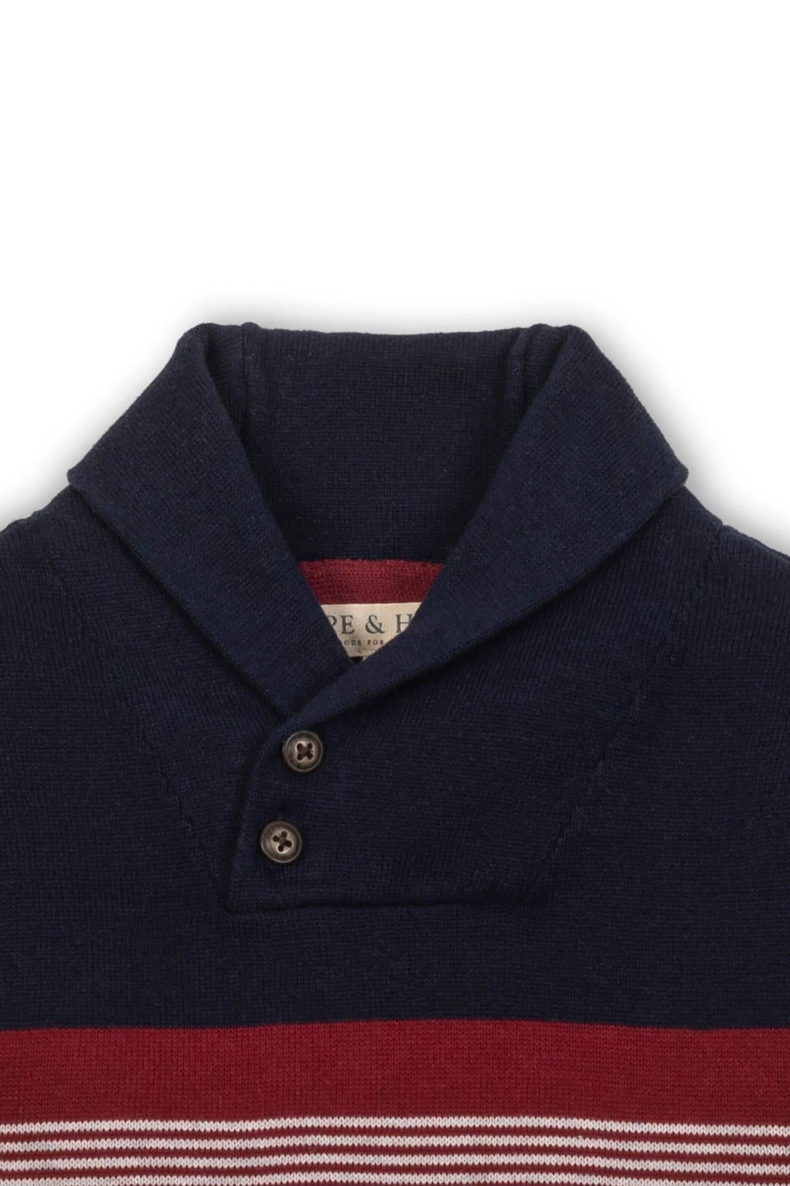 Organic Cotton Shawl Collar Sweater for Boys, Navy & Light Gray Stripe, Sizes 2-16