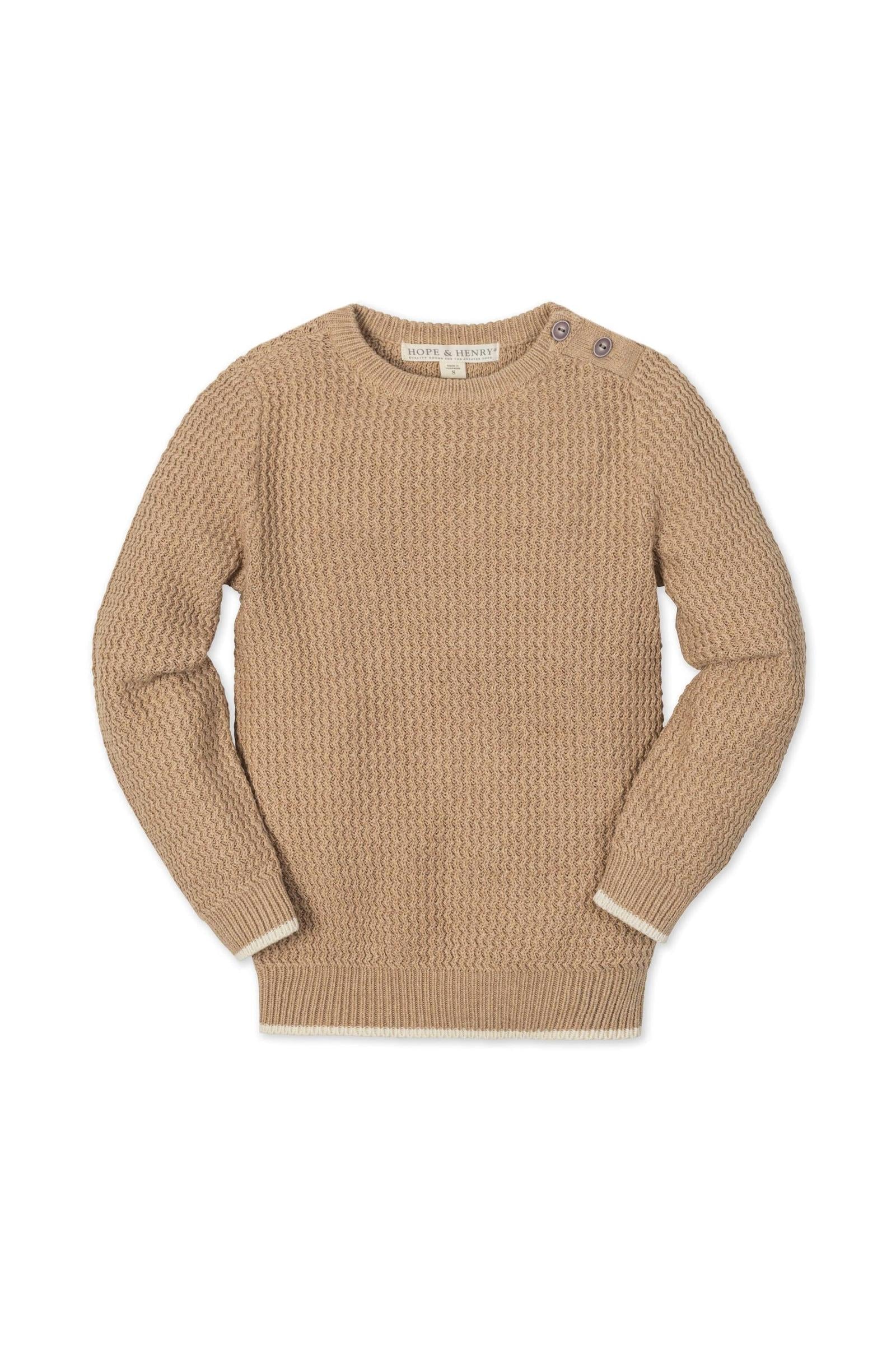 Organic Cotton Crewneck Sweater with Buttons for Boys, Camel, Sizes 2T-14
